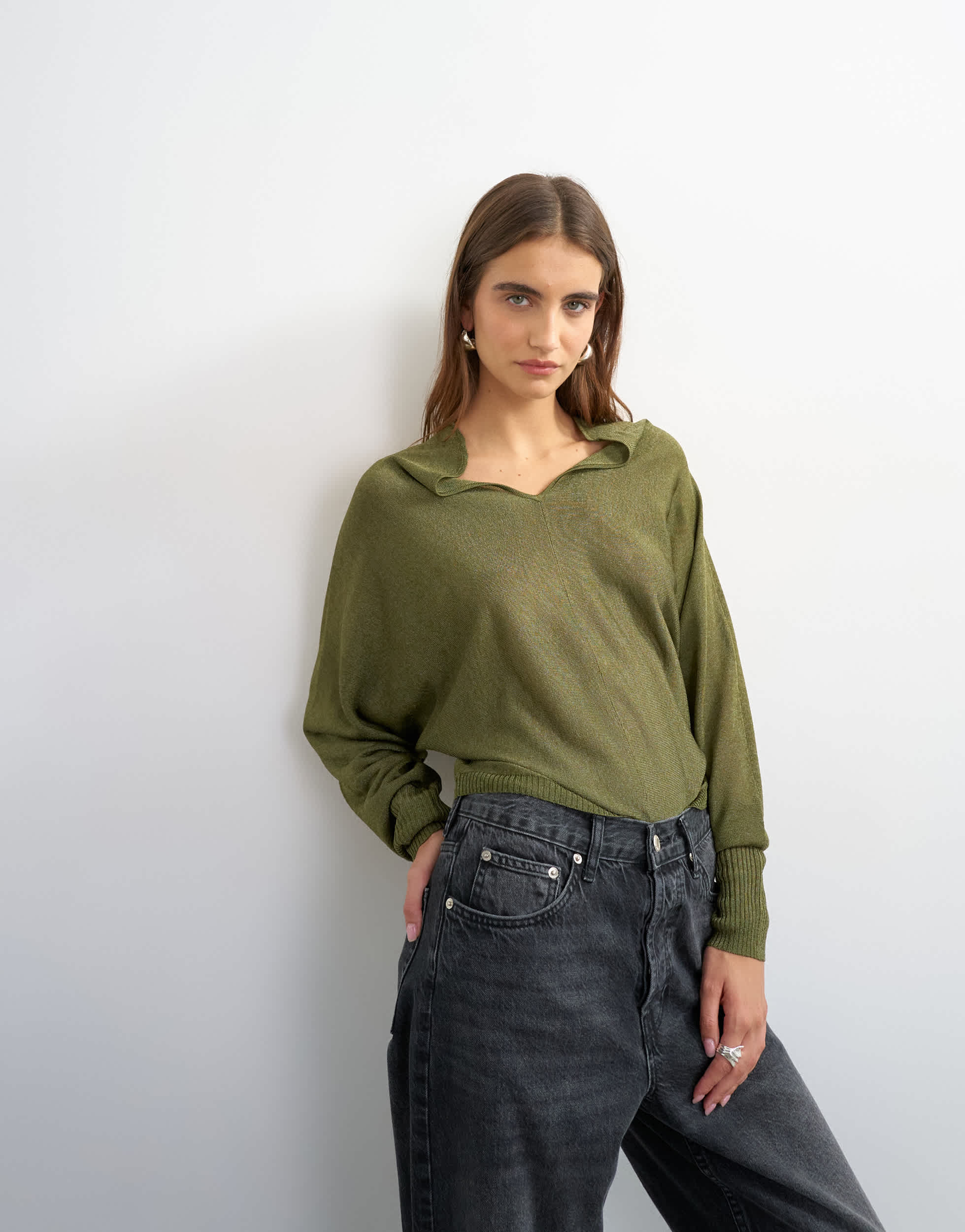 Topshop knitted v slouchy fine knit sheer jumper in khaki