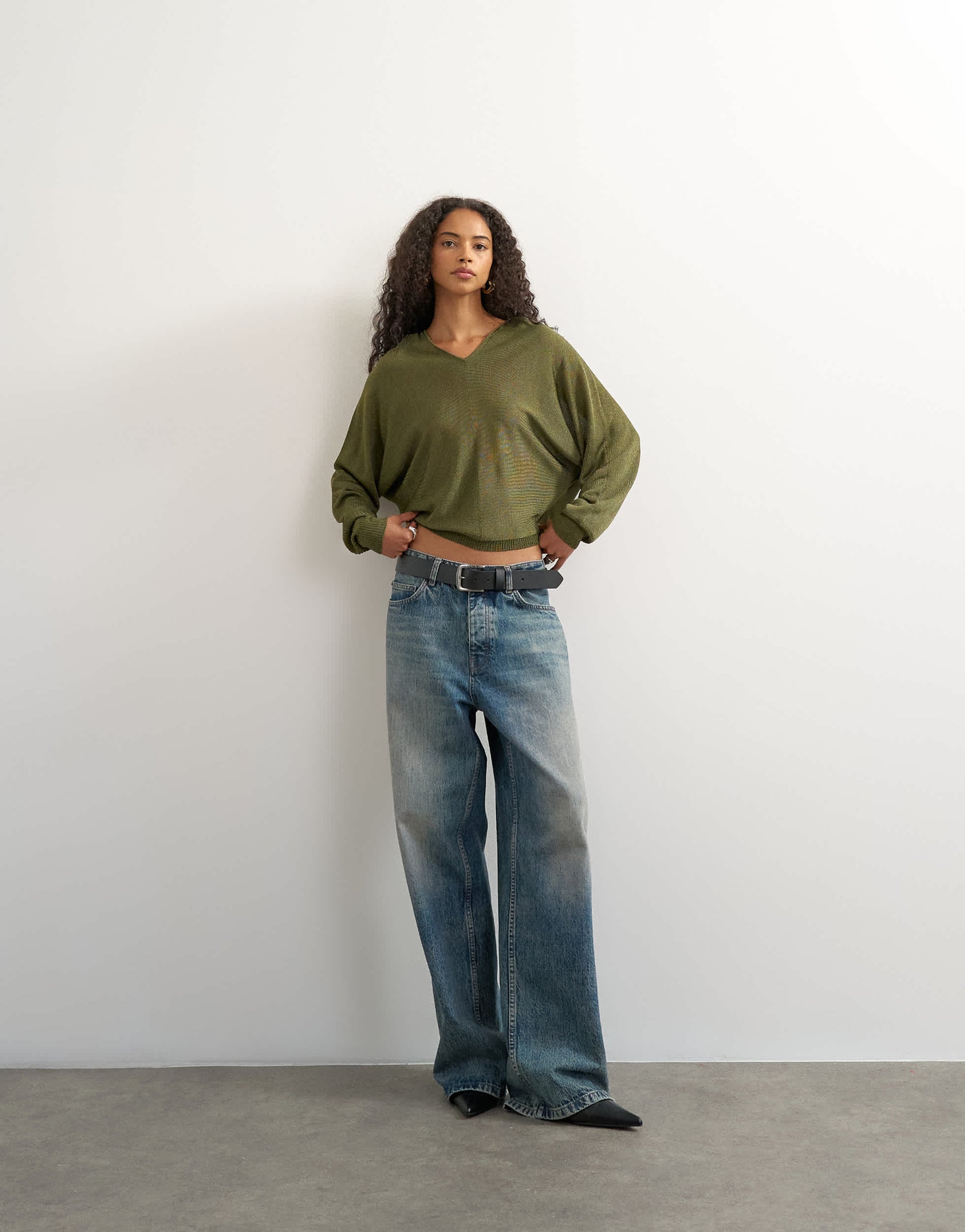 Topshop knitted slouchy fine knit batwing sleeve jumper in khaki