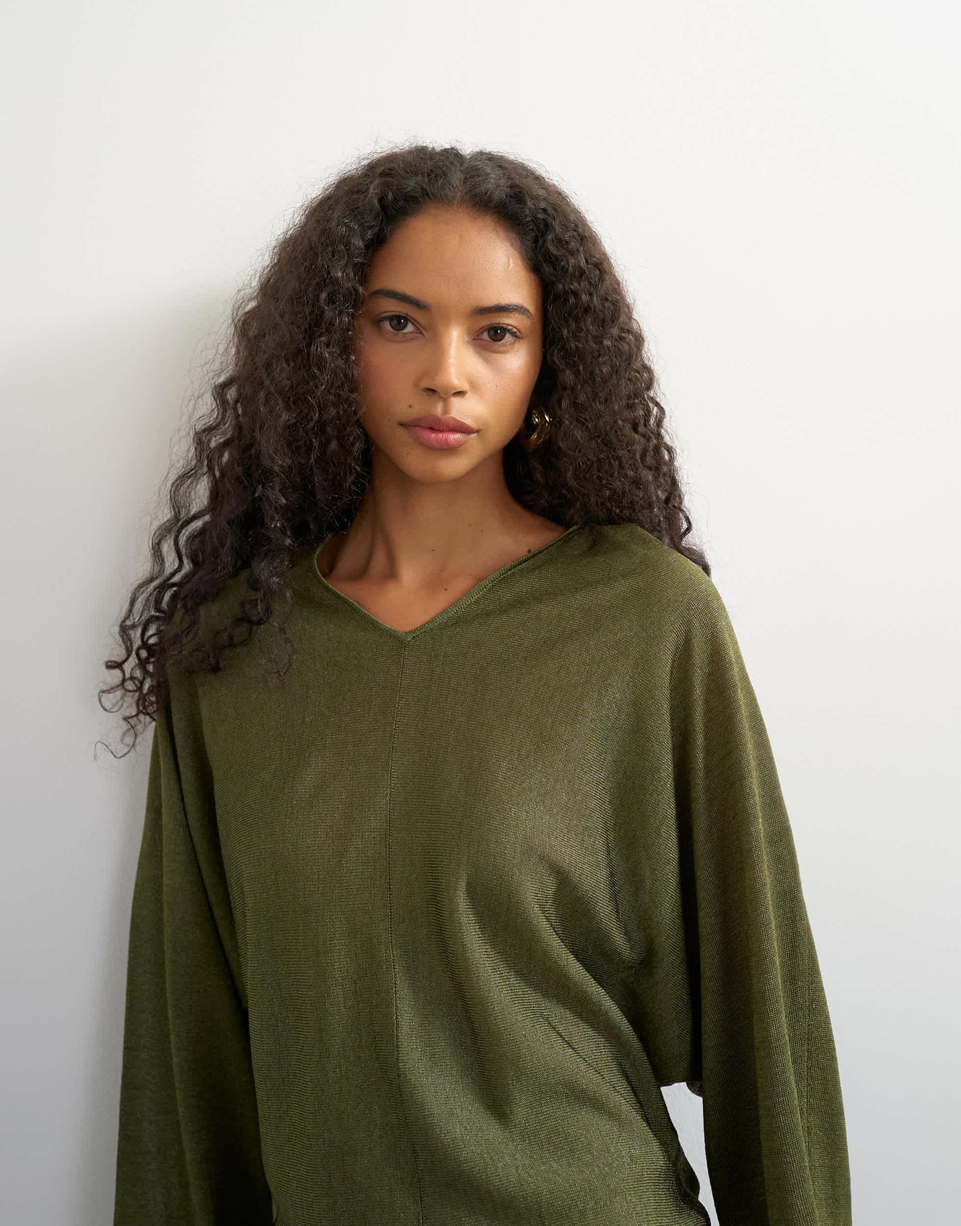 Topshop knitted slouchy fine knit batwing sleeve jumper in khaki