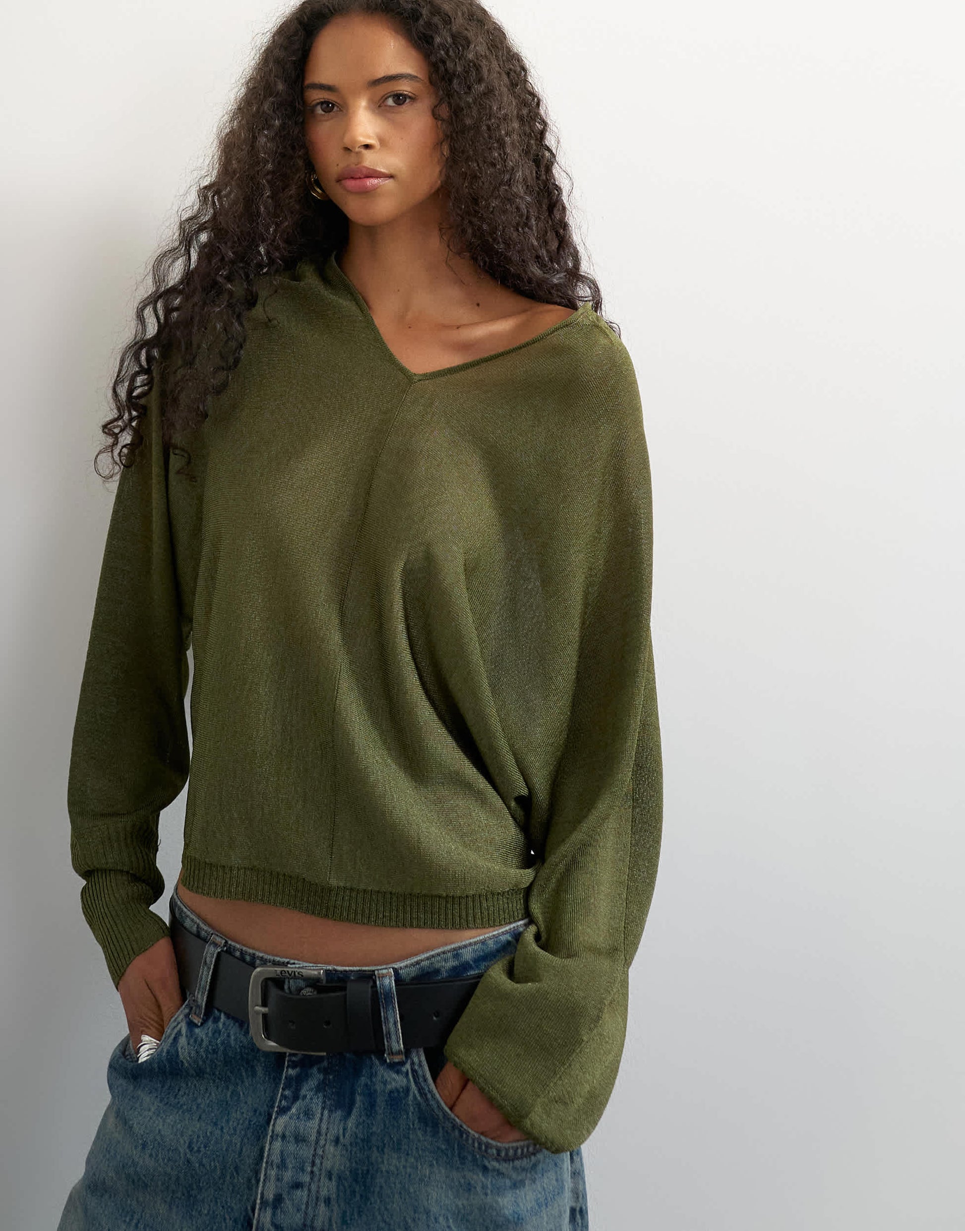 Topshop knitted slouchy fine knit batwing sleeve jumper in khaki