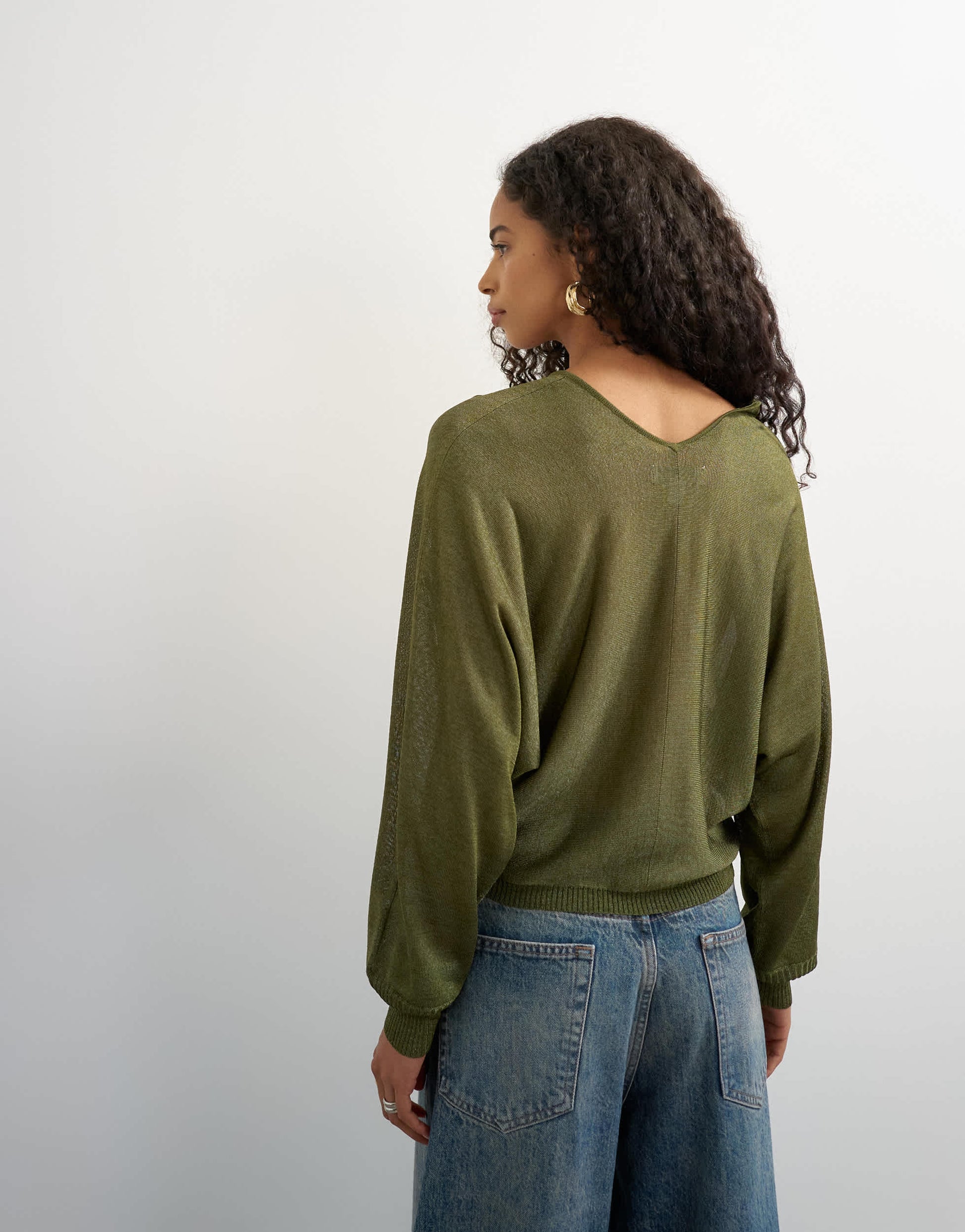 Topshop knitted slouchy fine knit batwing sleeve jumper in khaki