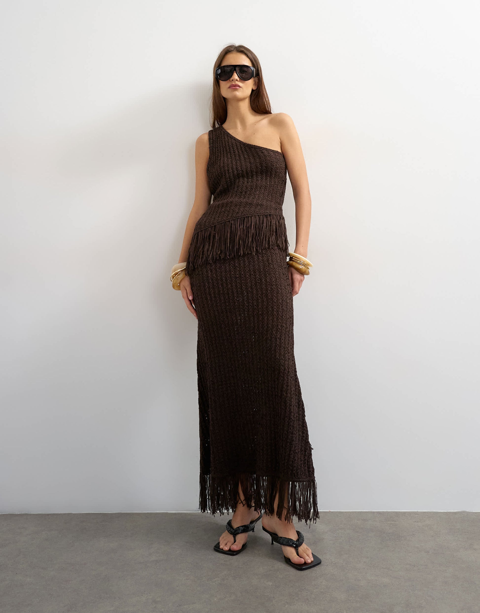 Topshop knitted tape yarn co-ord fringing maxi skirt in chocolate