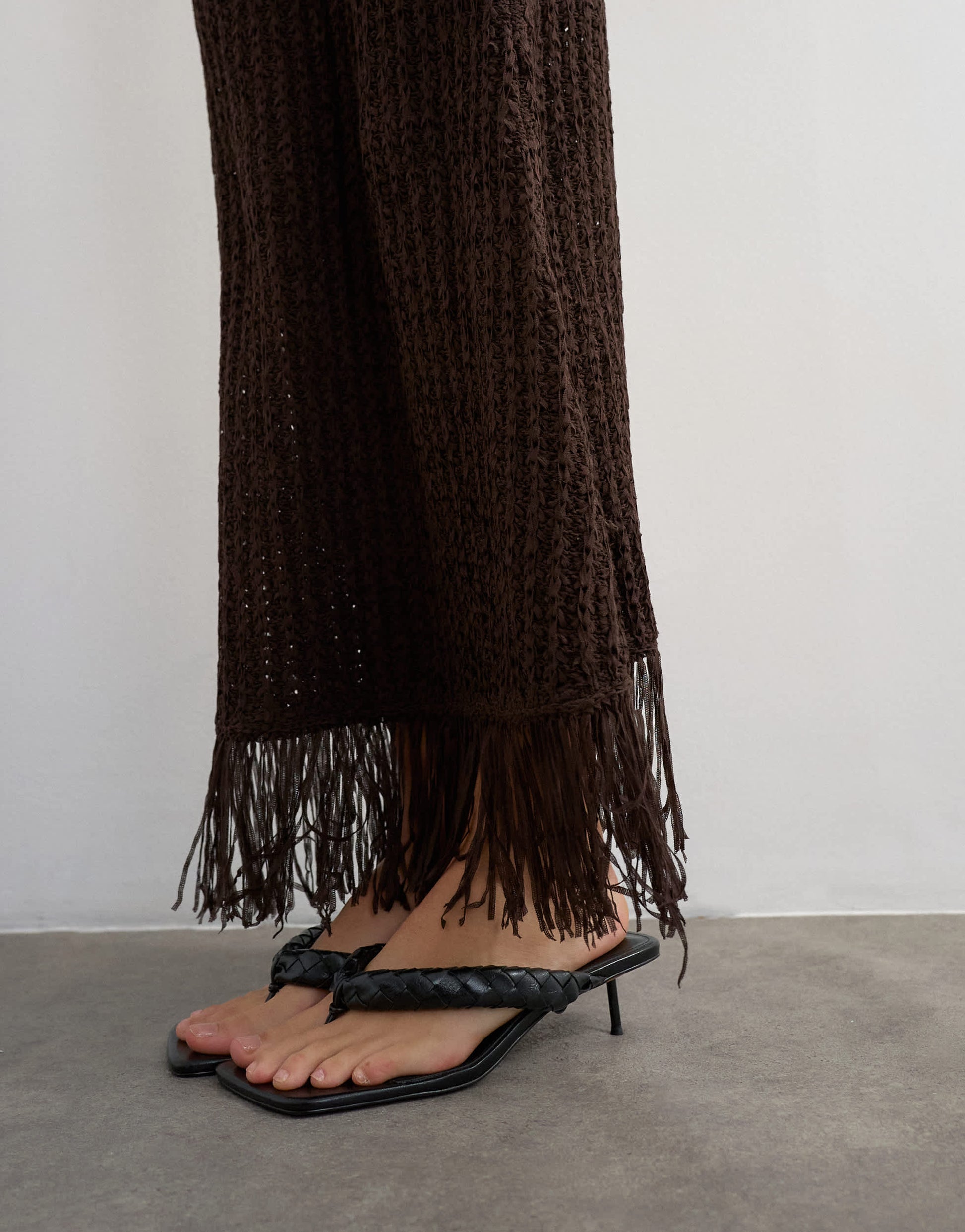 Topshop knitted tape yarn co-ord fringing maxi skirt in chocolate