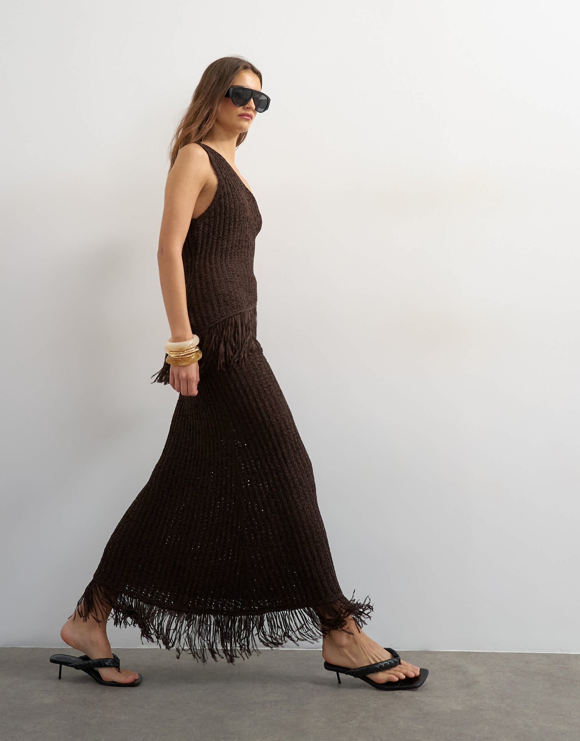 Topshop knitted tape yarn co-ord fringing maxi skirt in chocolate
