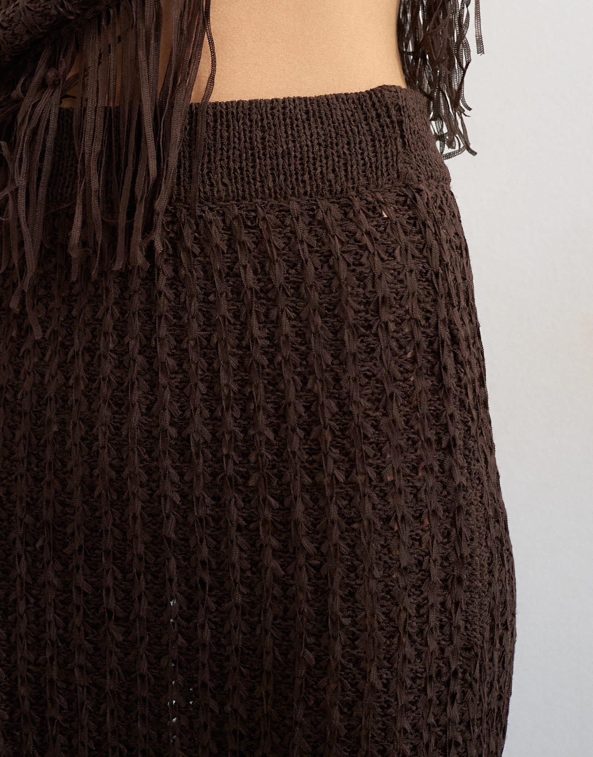 Topshop knitted tape yarn co-ord fringing maxi skirt in chocolate