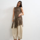 Topshop knitted sleeveless tape fish net asymmetric fringing tassel top in chocolate brown