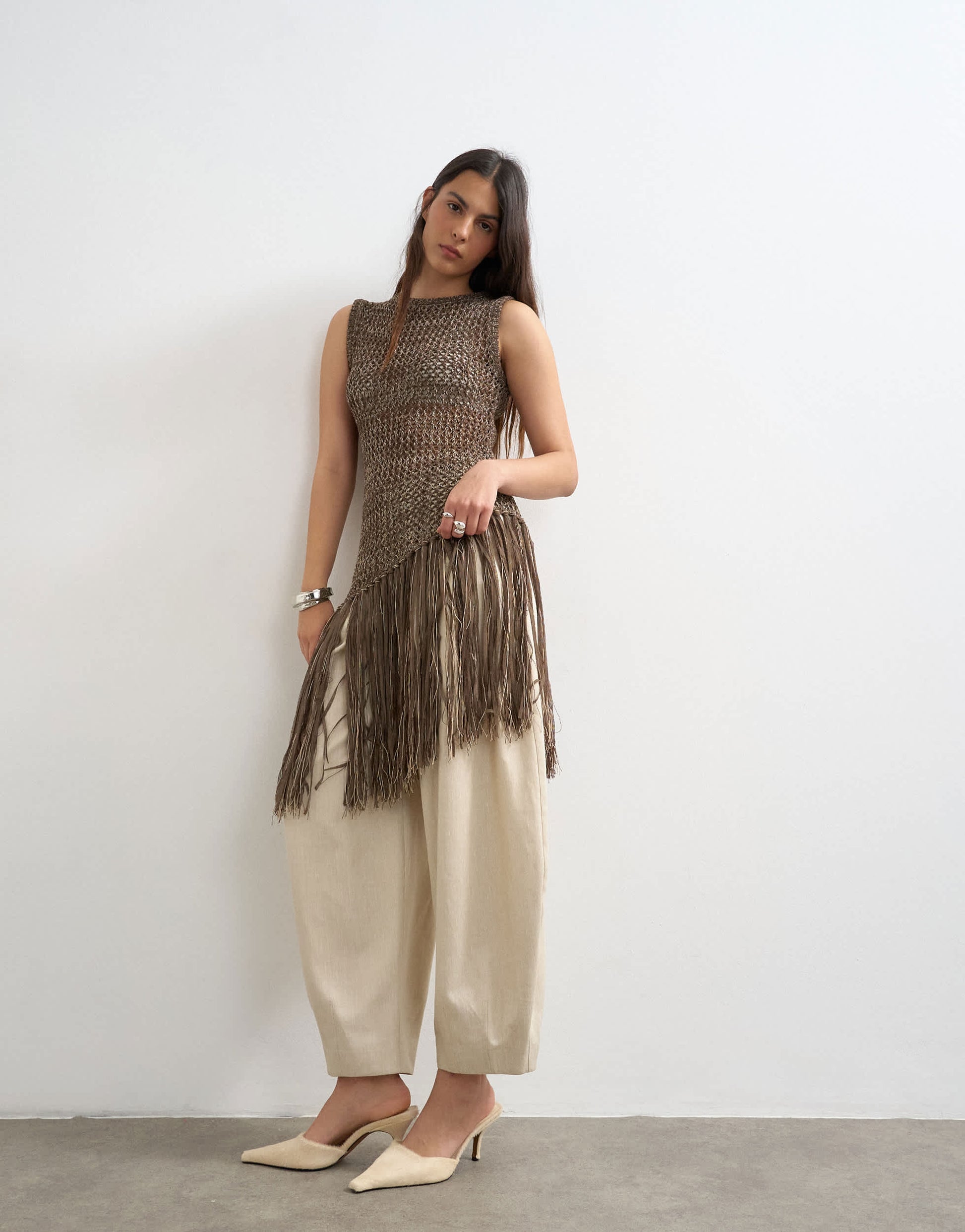 Topshop knitted sleeveless tape fish net asymmetric fringing tassel top in chocolate brown