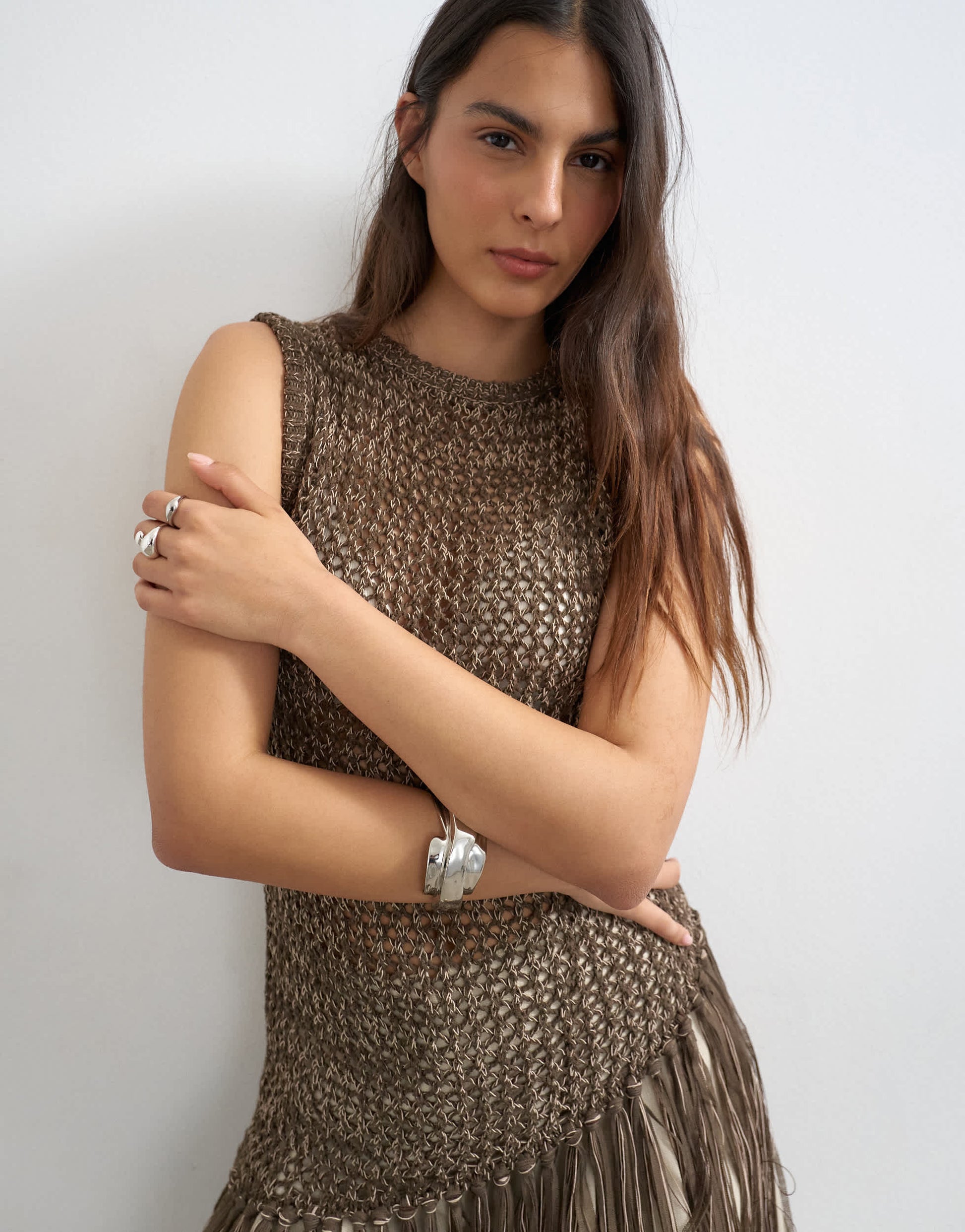 Topshop knitted sleeveless tape fish net asymmetric fringing tassel top in chocolate brown