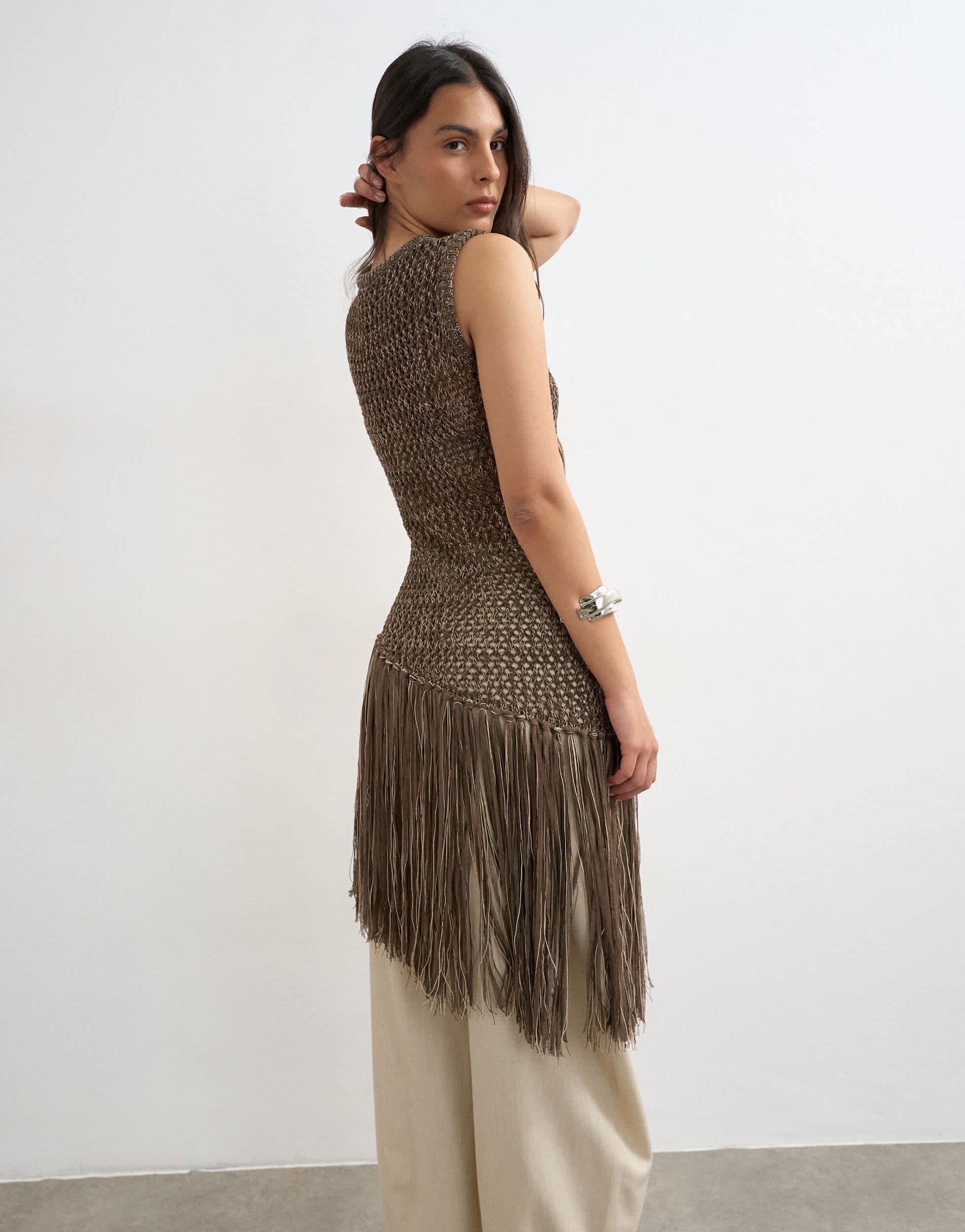 Topshop knitted sleeveless tape fish net asymmetric fringing tassel top in chocolate brown