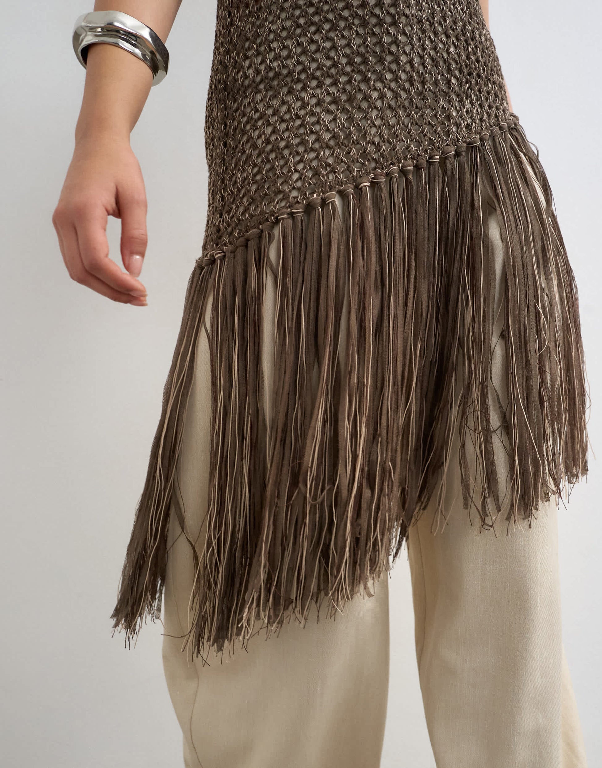 Topshop knitted sleeveless tape fish net asymmetric fringing tassel top in chocolate brown