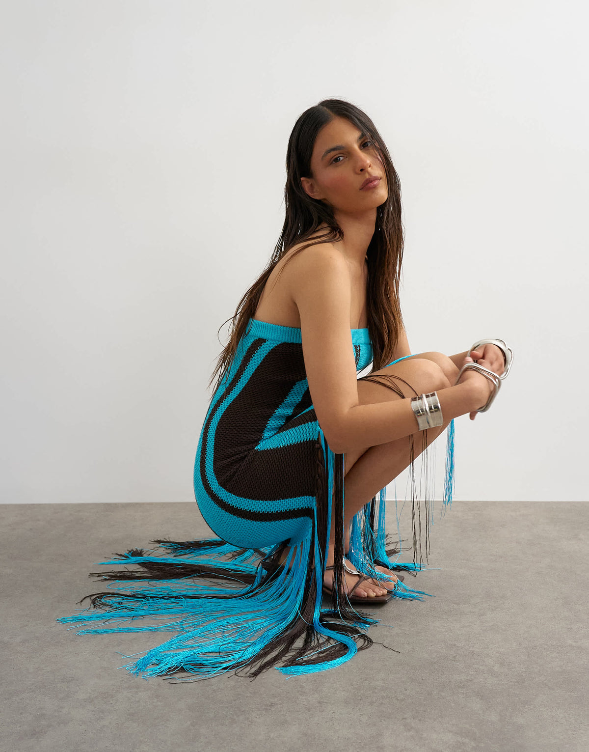 Topshop knitted bold stripe tassel dress in turquoise and brown