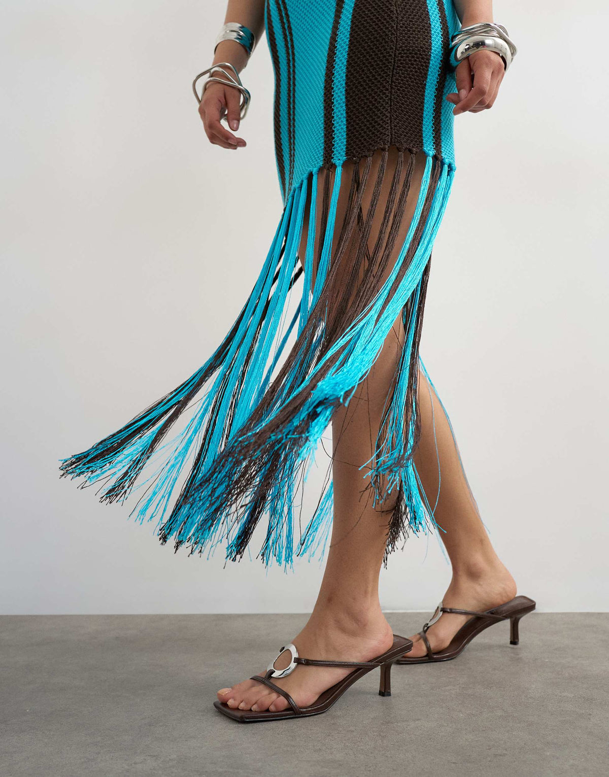 Topshop knitted bold stripe tassel dress in turquoise and brown