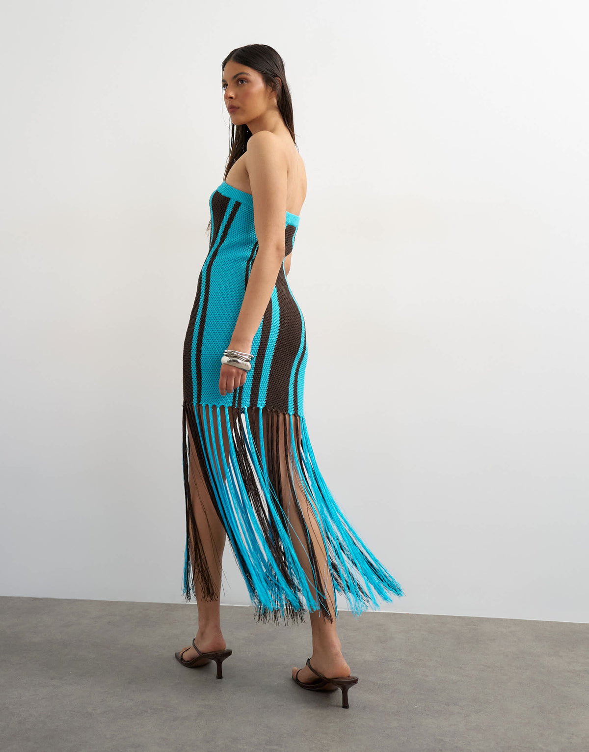 Topshop knitted bold stripe tassel dress in turquoise and brown