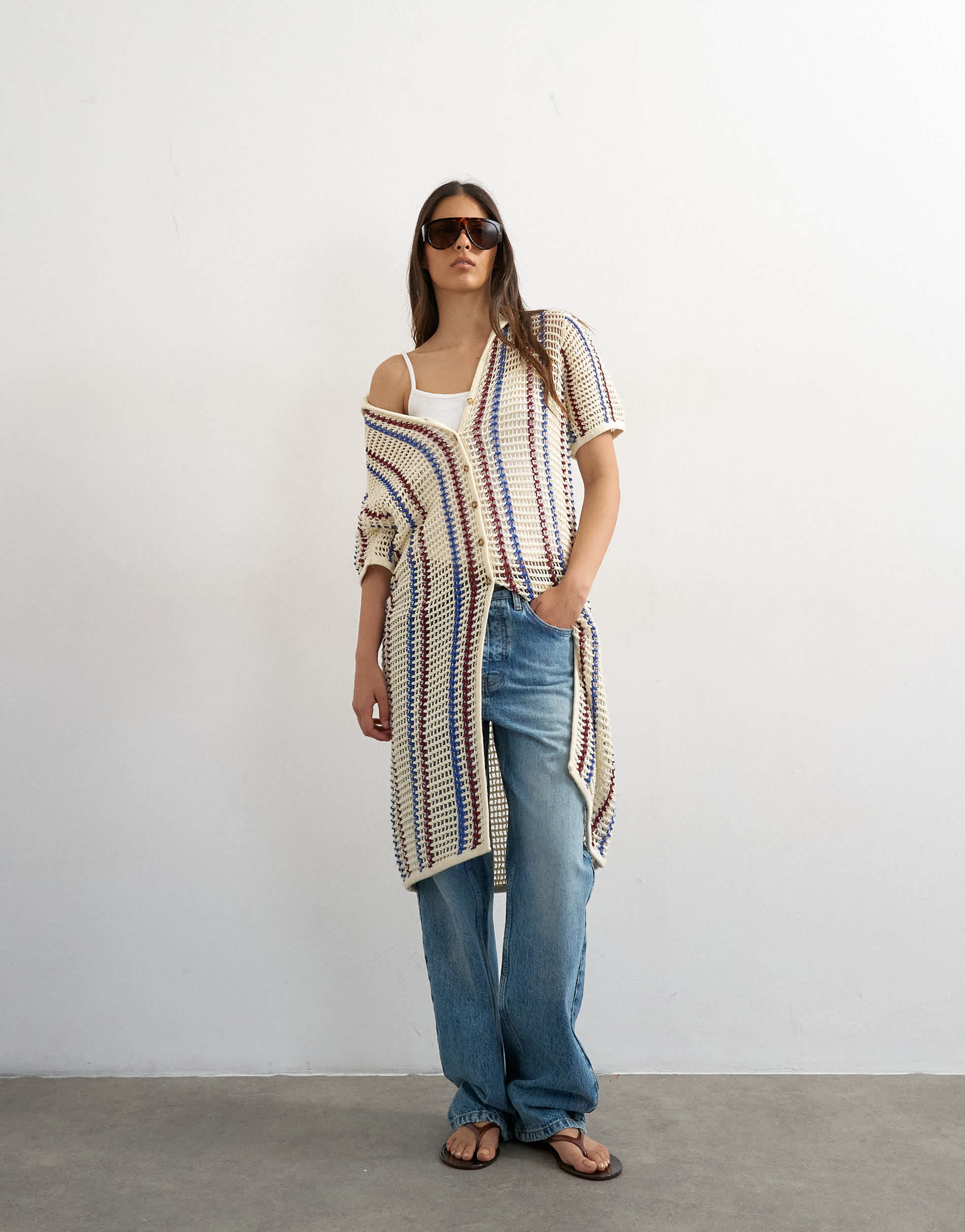 Robe mi-longue Topshop en maille polo à rayures et point ajouré, coloris écru