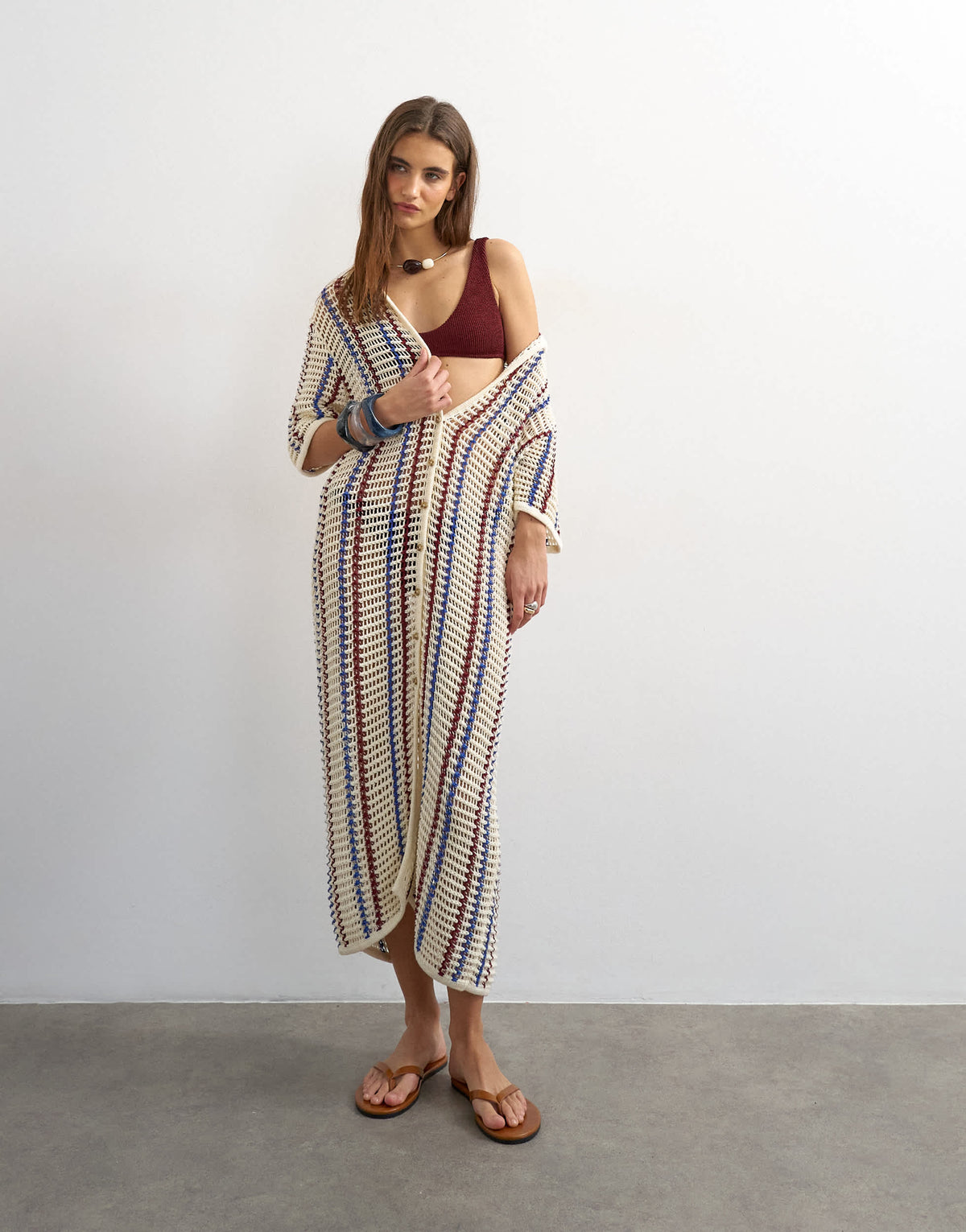 Topshop knitted polo stripe open stitch midi dress in ecru