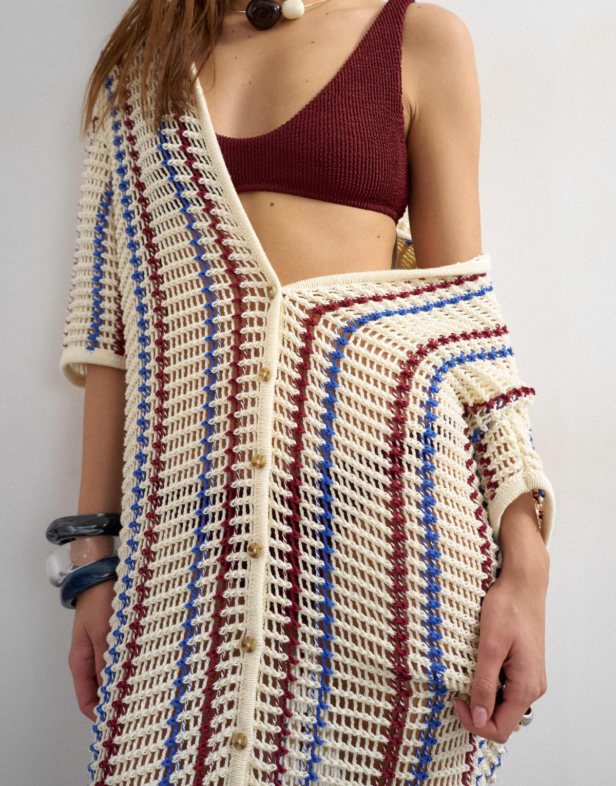 Topshop knitted polo stripe open stitch midi dress in ecru