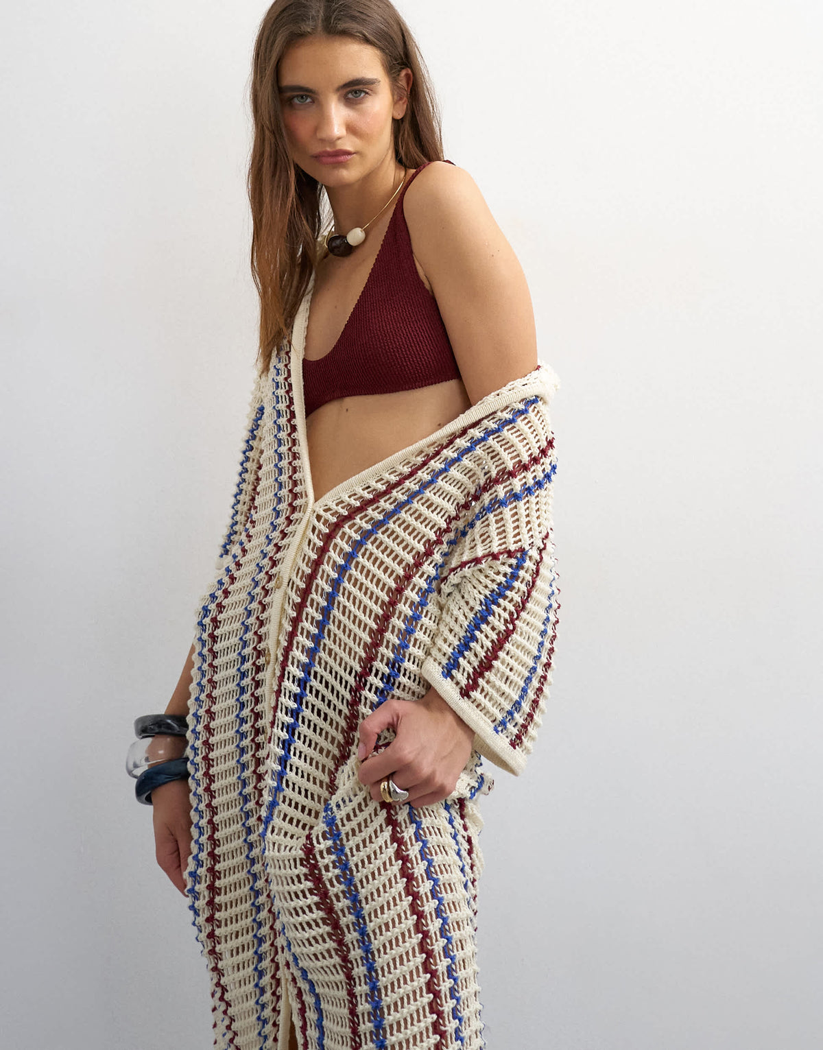 Topshop knitted polo stripe open stitch midi dress in ecru