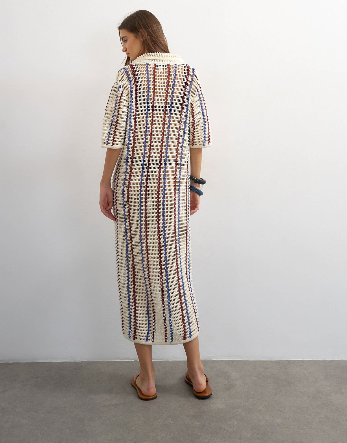 Topshop knitted polo stripe open stitch midi dress in ecru