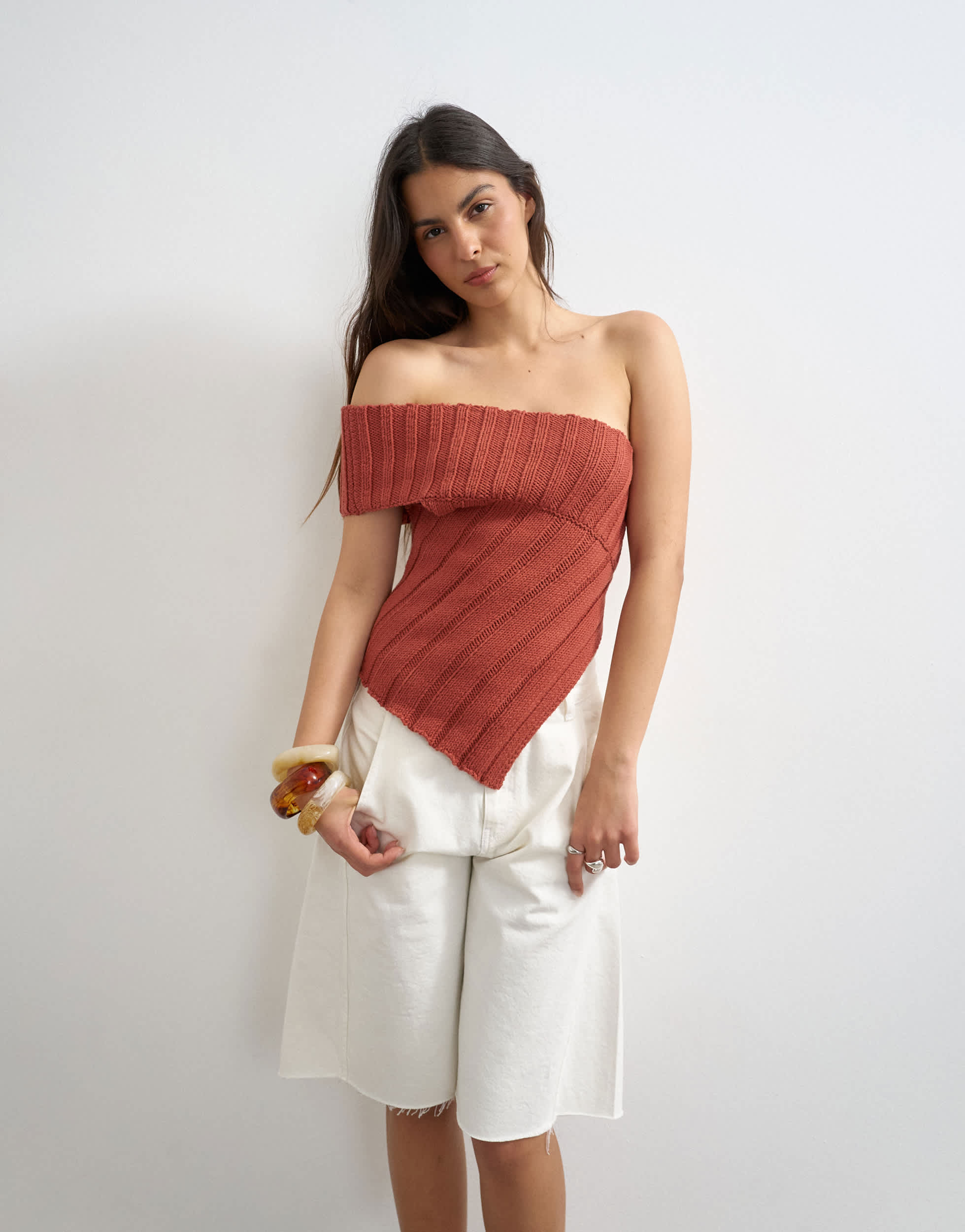 Topshop knitted one shoulder asymmetric top in rust