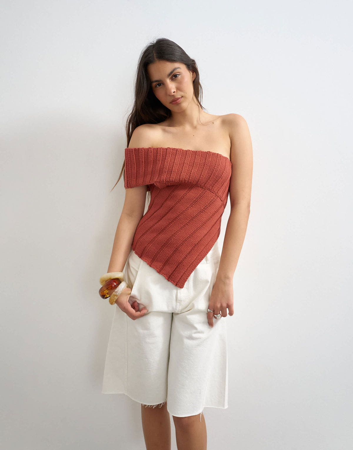 Topshop knitted one shoulder asymmetric top in rust