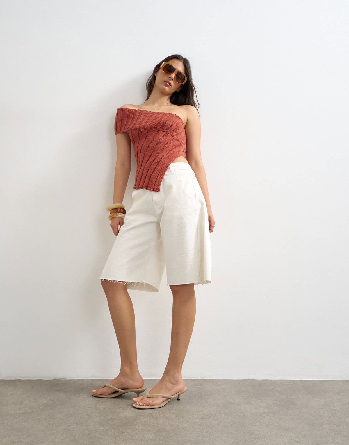 Topshop knitted one shoulder asymmetric top in rust