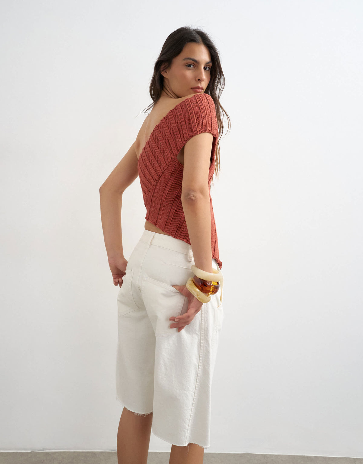 Topshop knitted one shoulder asymmetric top in rust