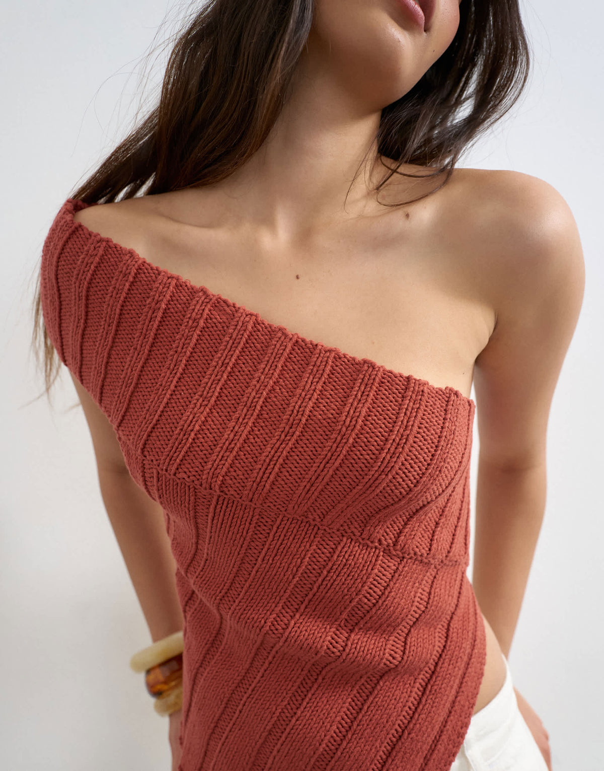 Topshop knitted one shoulder asymmetric top in rust