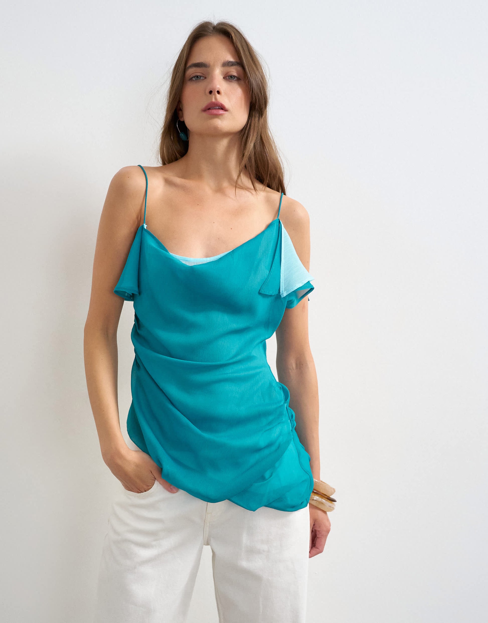 Topshop layered contrast chiffon strappy cami in blue