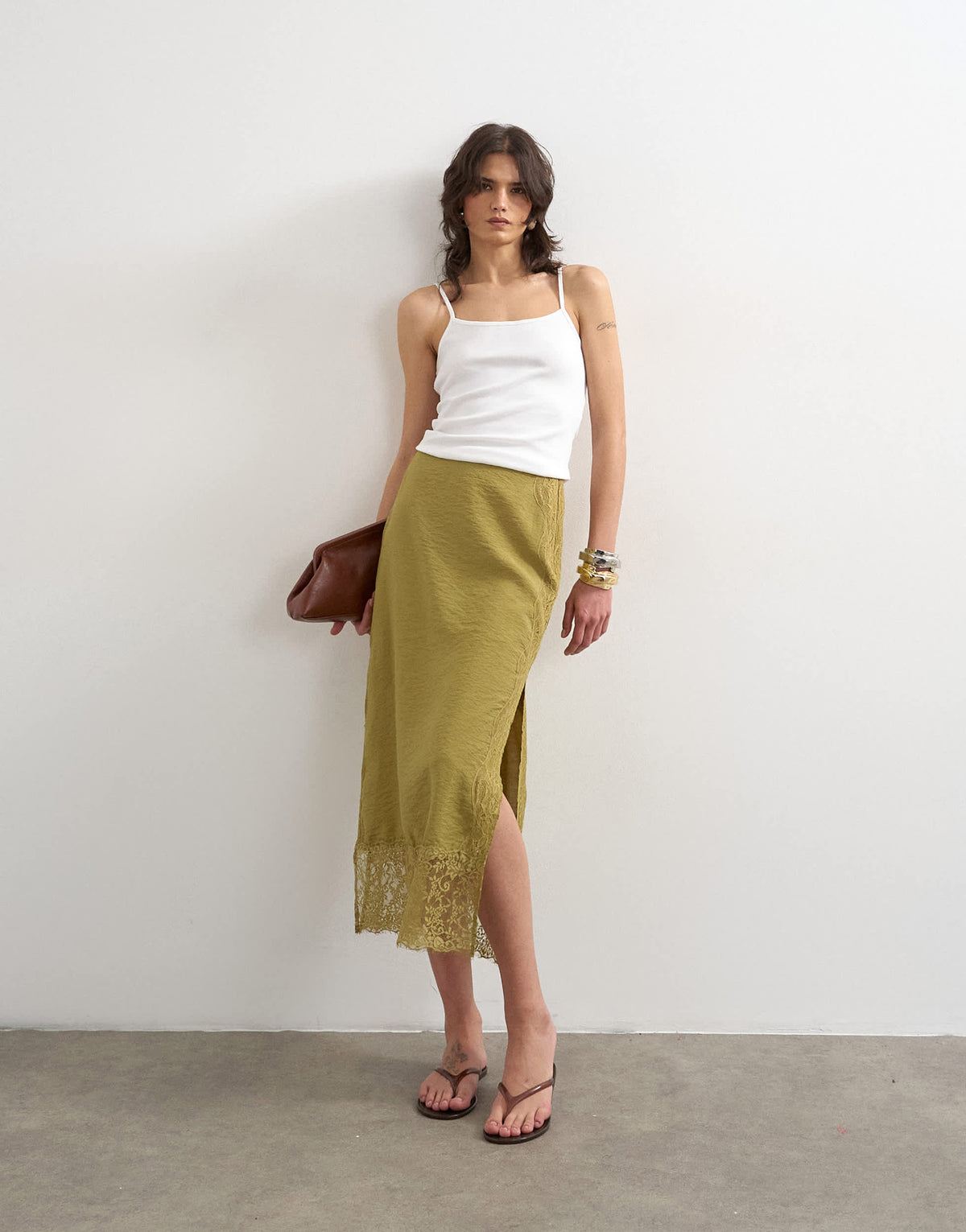 Topshop lace trim maxi skirt in olive green