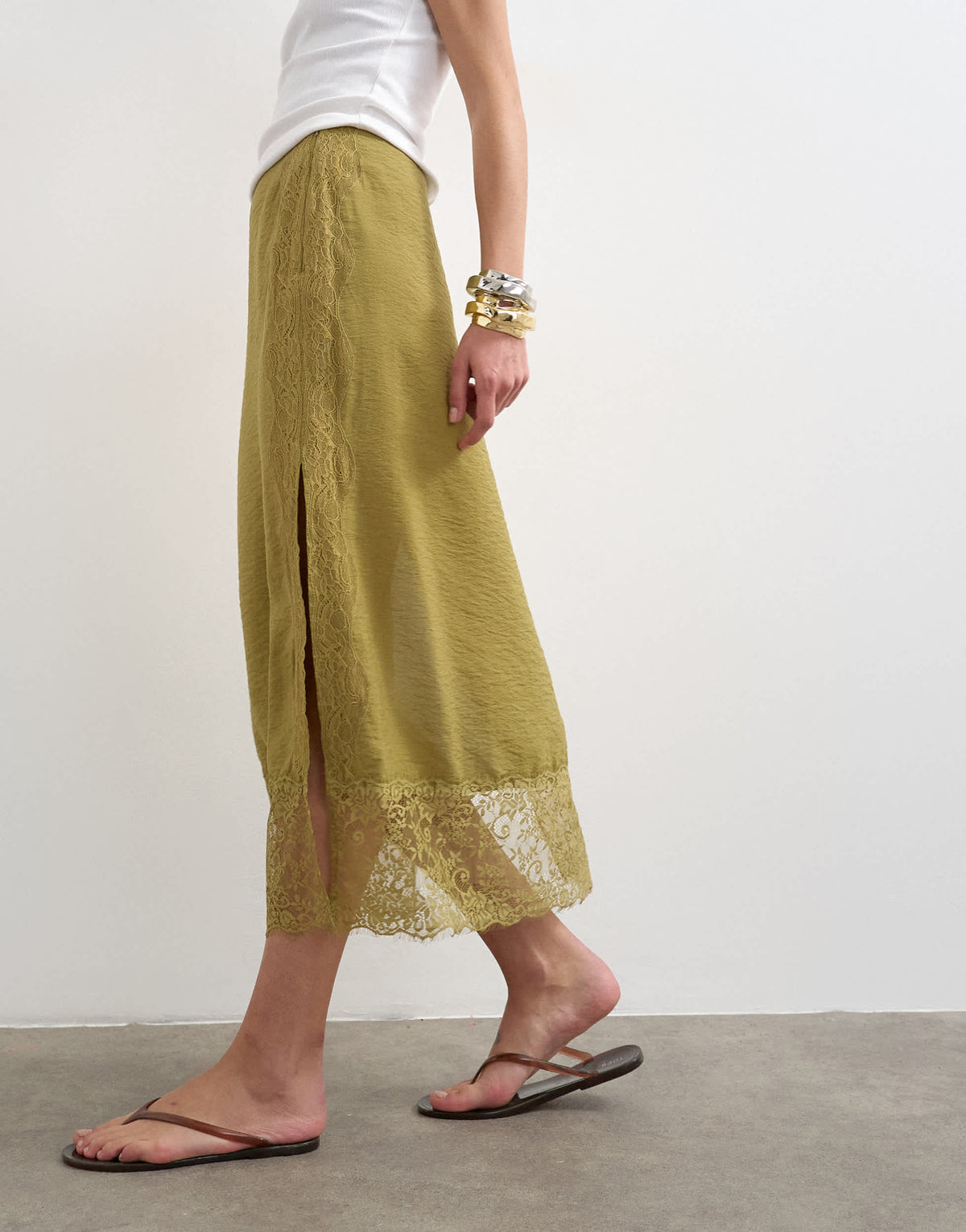 Topshop lace trim maxi skirt in olive green
