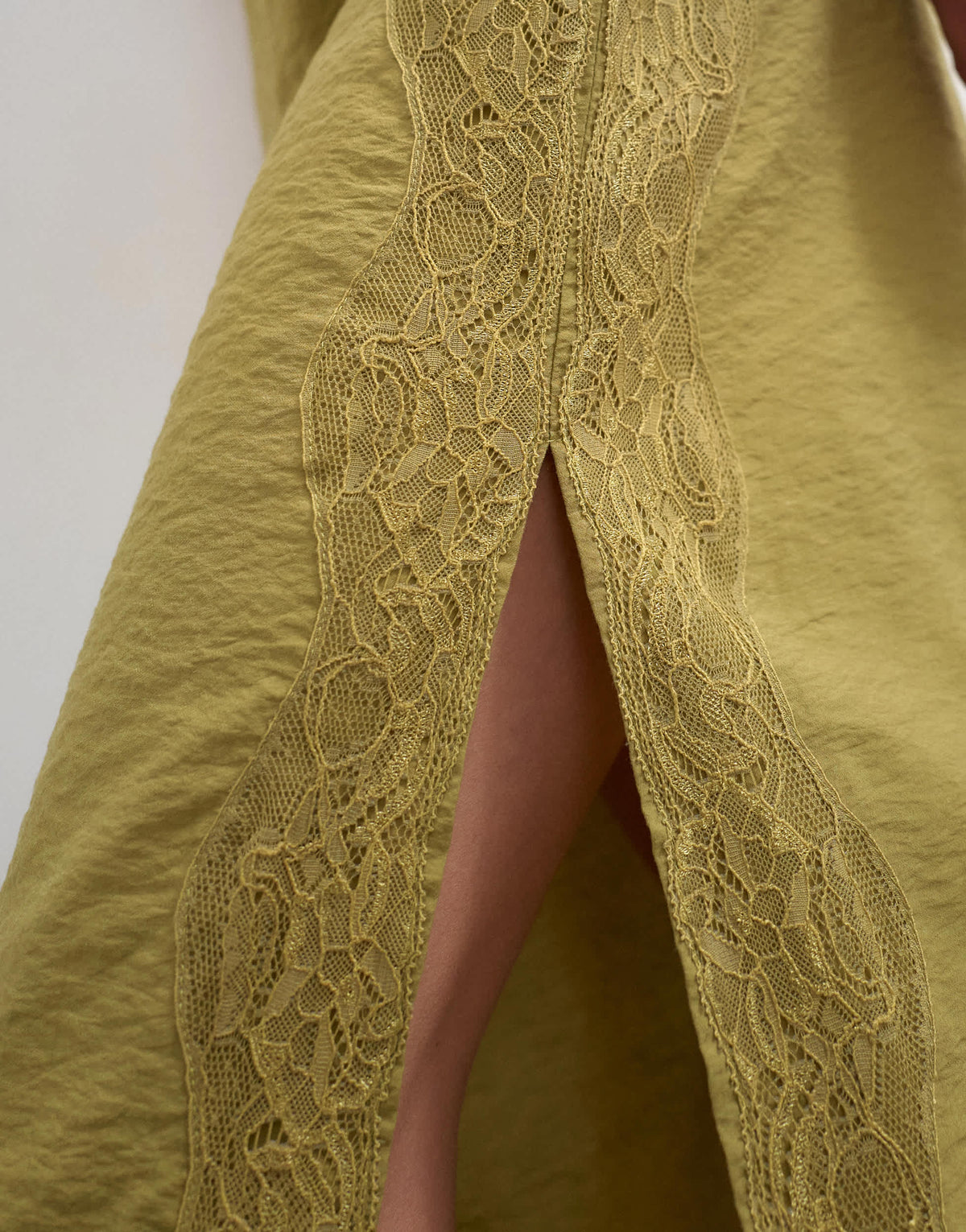 Topshop lace trim maxi skirt in olive green