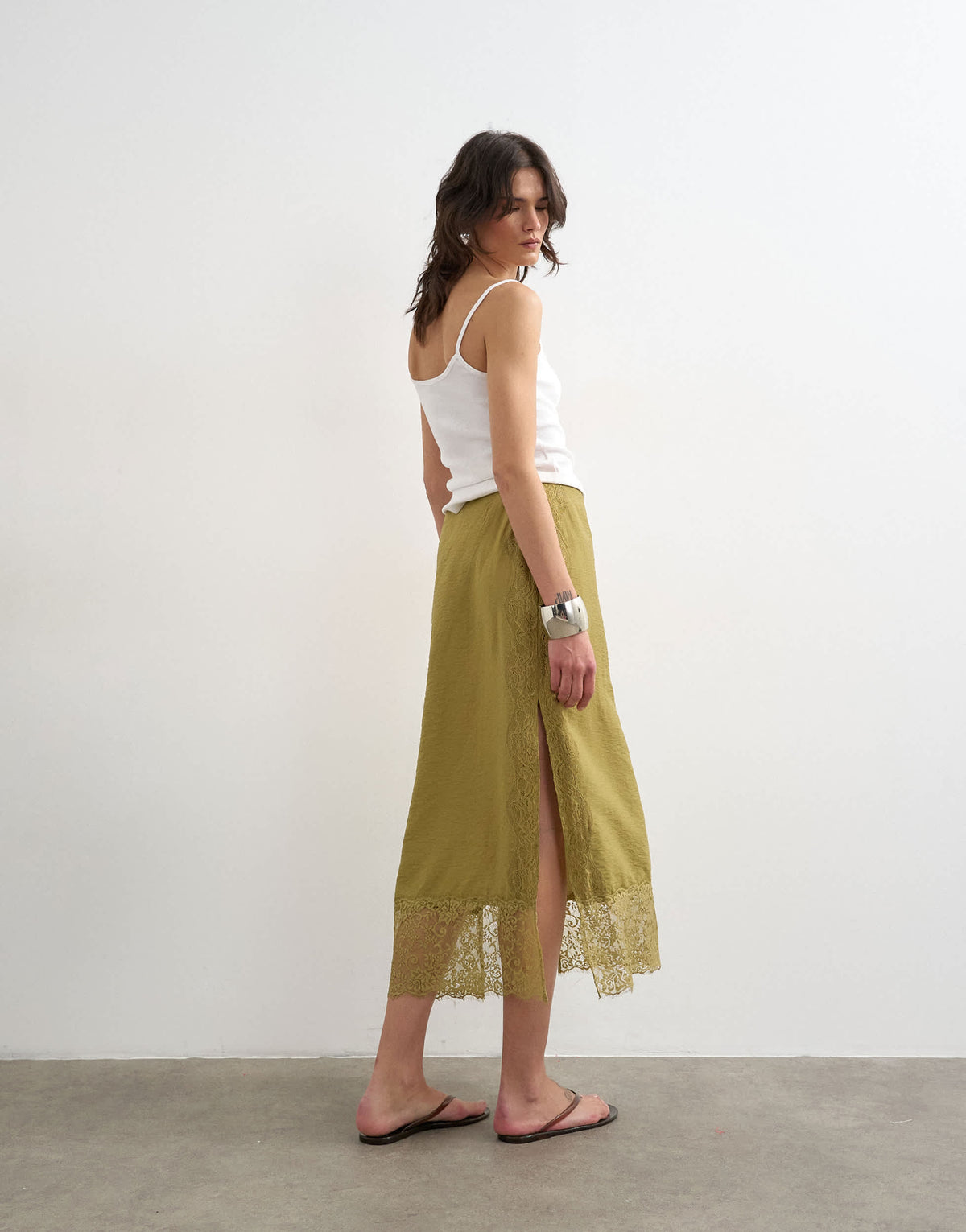 Topshop lace trim maxi skirt in olive green