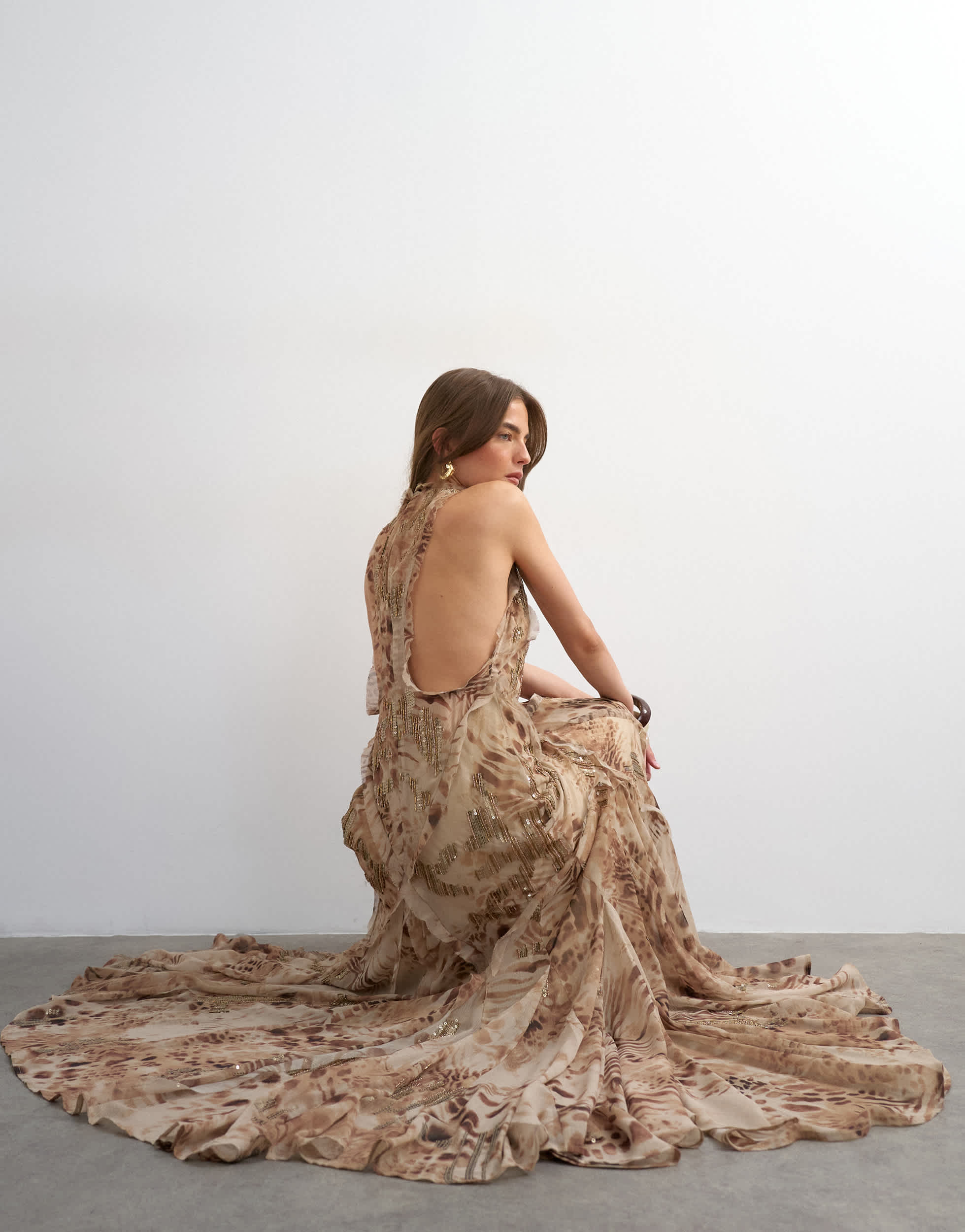 Topshop premium embellished high neck open back maxi dress in natural abstract animal print