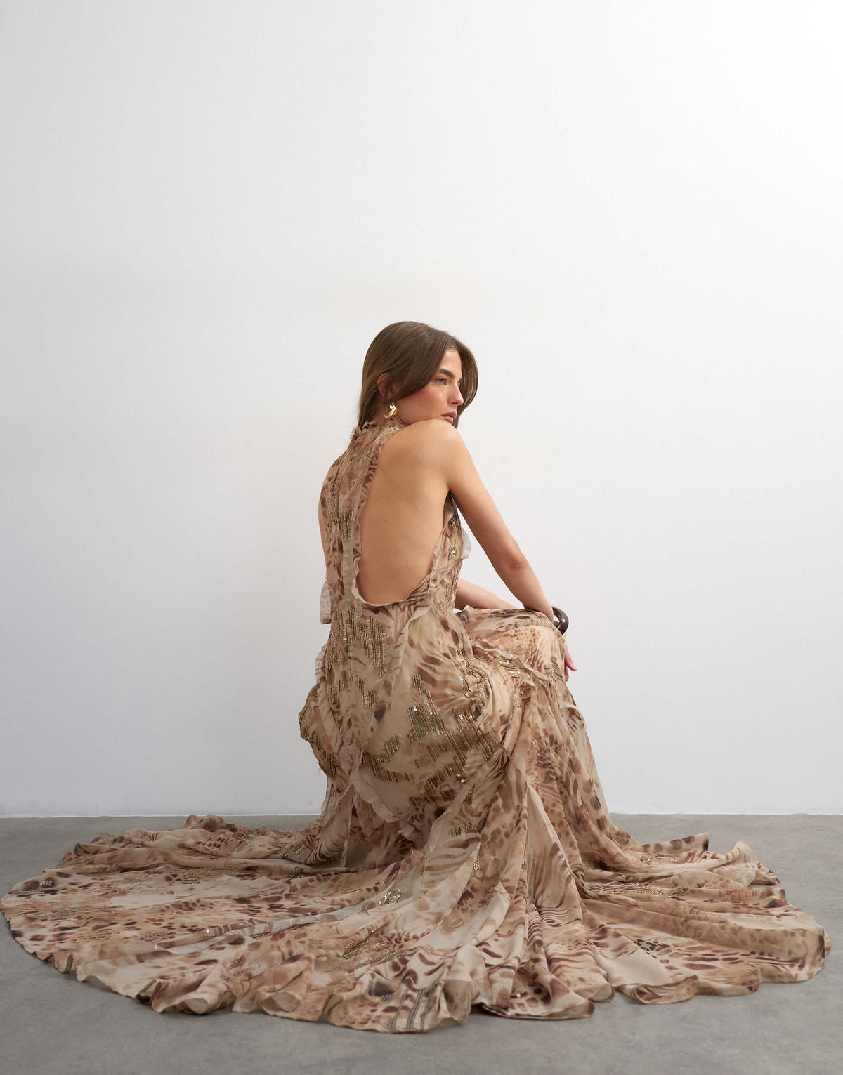 Topshop premium embellished high neck open back maxi dress in natural abstract animal print