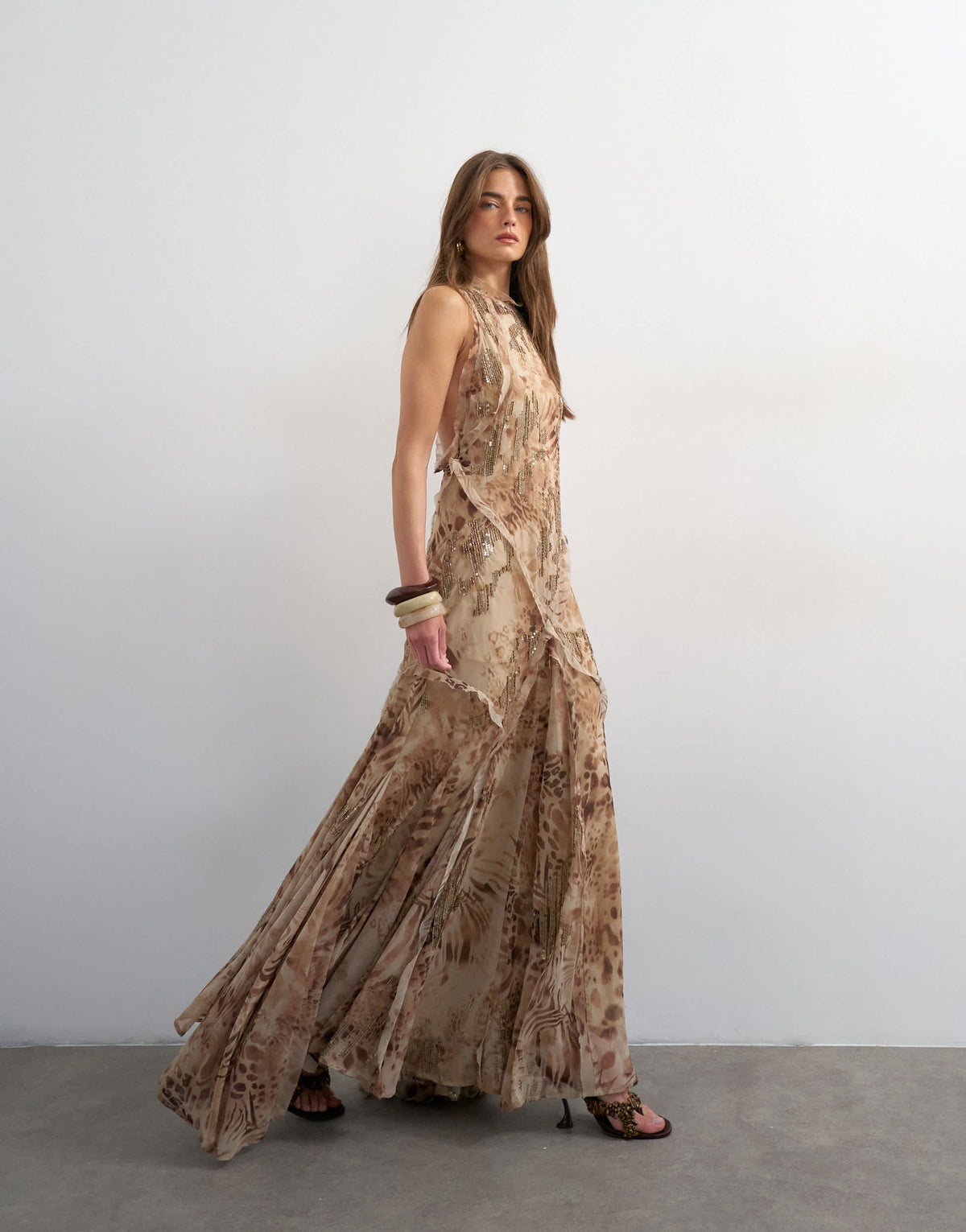 Topshop premium embellished high neck open back maxi dress in natural abstract animal print