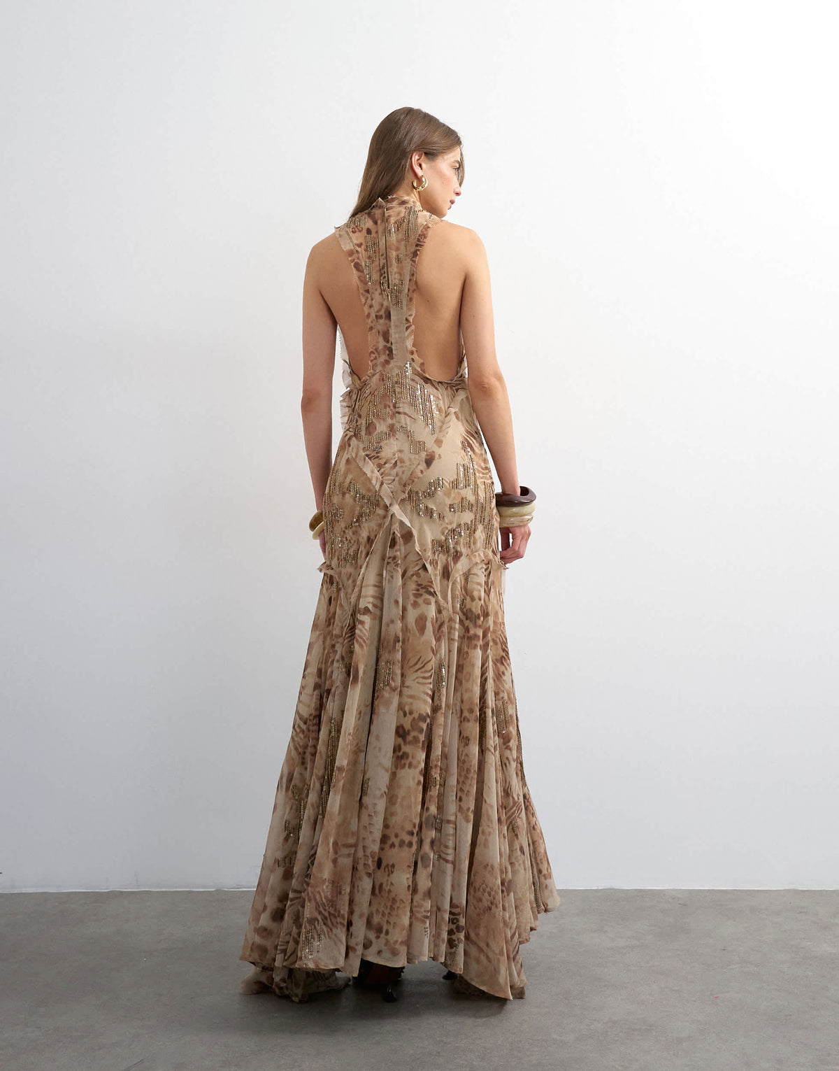 Topshop premium embellished high neck open back maxi dress in natural abstract animal print