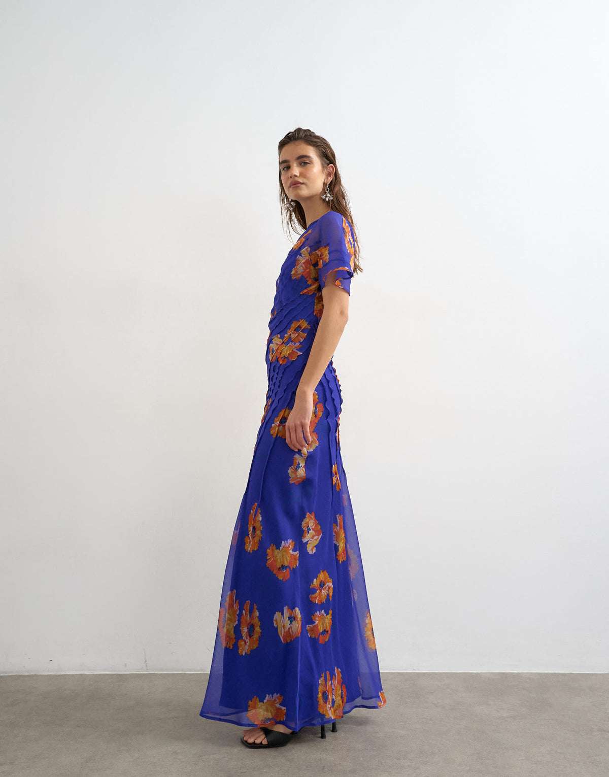 Topshop chiffon maxi dress with pintucks detail in purple and orange floral