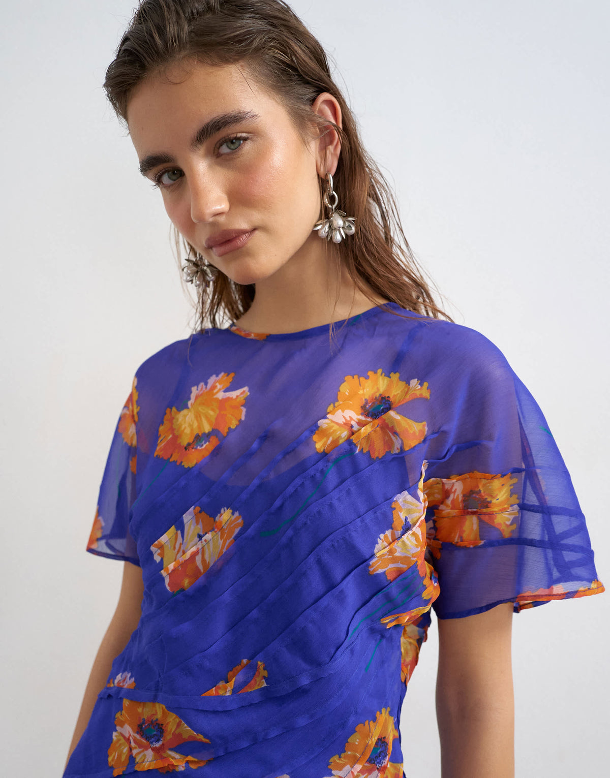 Topshop chiffon maxi dress with pintucks detail in purple and orange floral