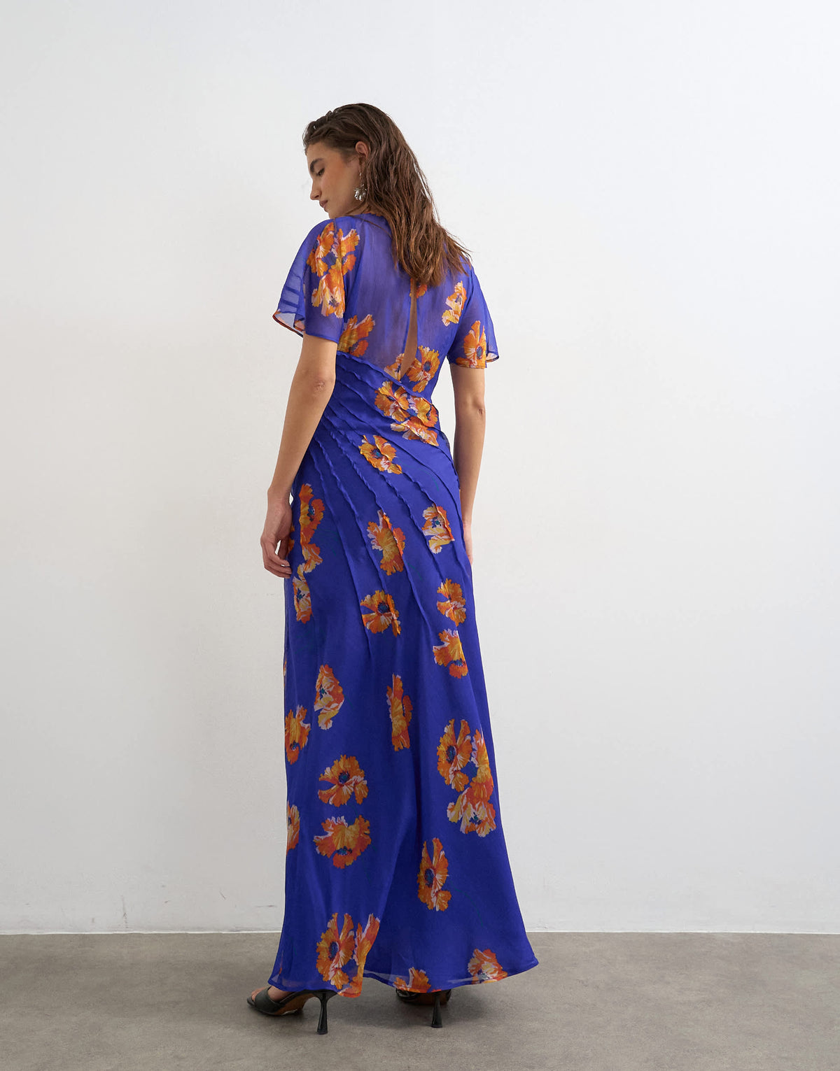 Topshop chiffon maxi dress with pintucks detail in purple and orange floral