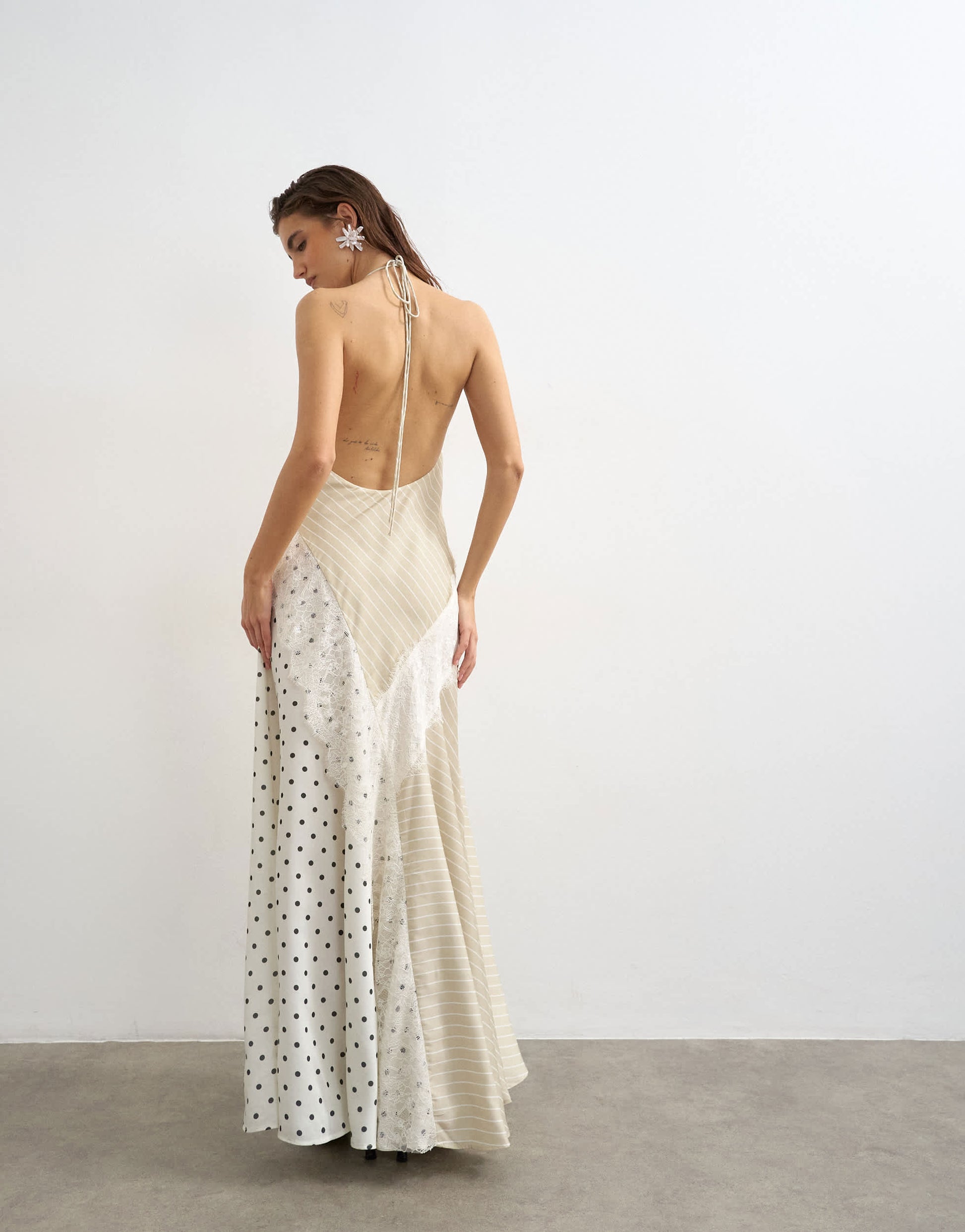 Topshop halter neck lace insert maxi dress in contrast stripe and polka dot print