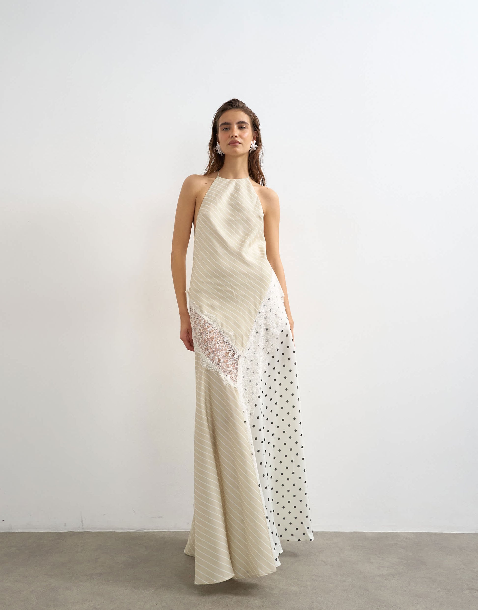 Topshop halter neck lace insert maxi dress in contrast stripe and polka dot print