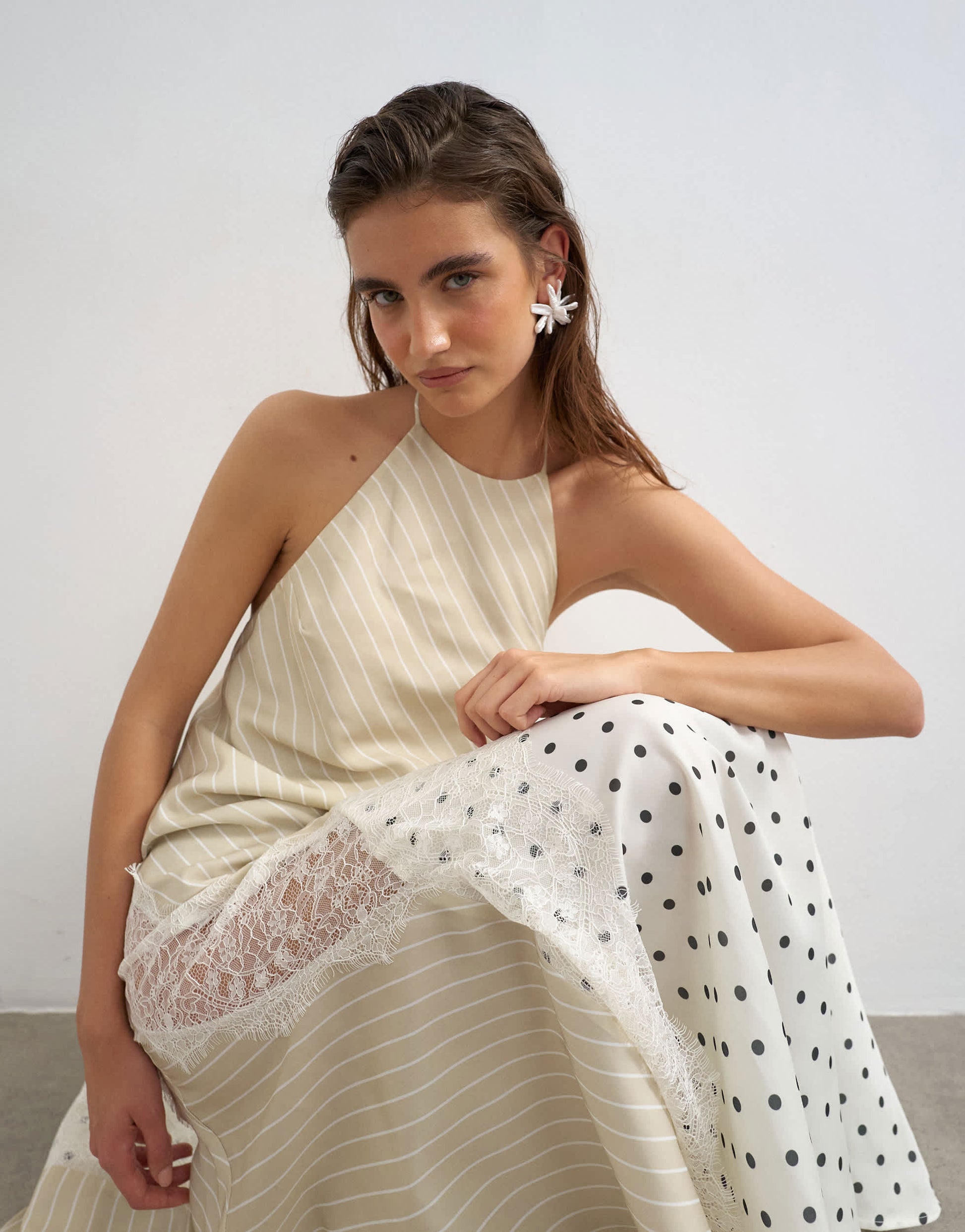 Topshop halter neck lace insert maxi dress in contrast stripe and polka dot print