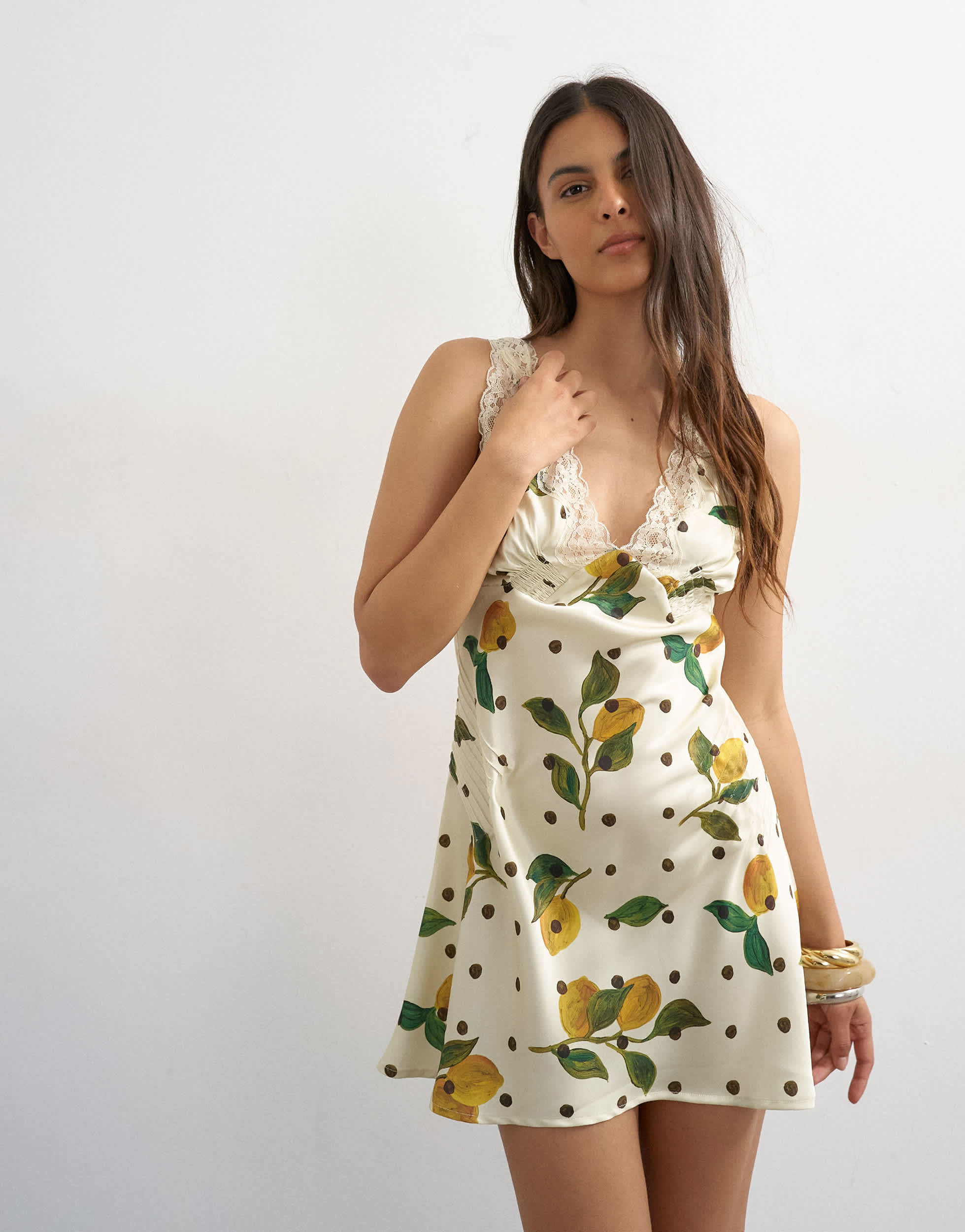 Topshop lace insert pintucked waist mini tea dress in Lemon Polka Dot