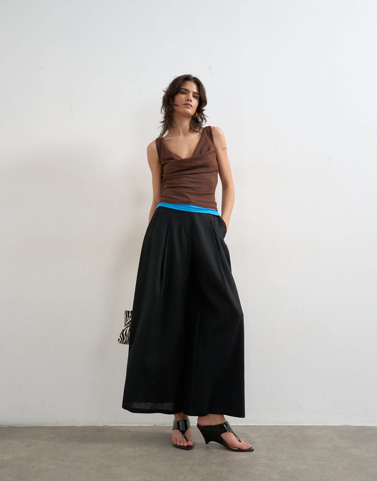 Topshop linen A line wide leg trouser in black