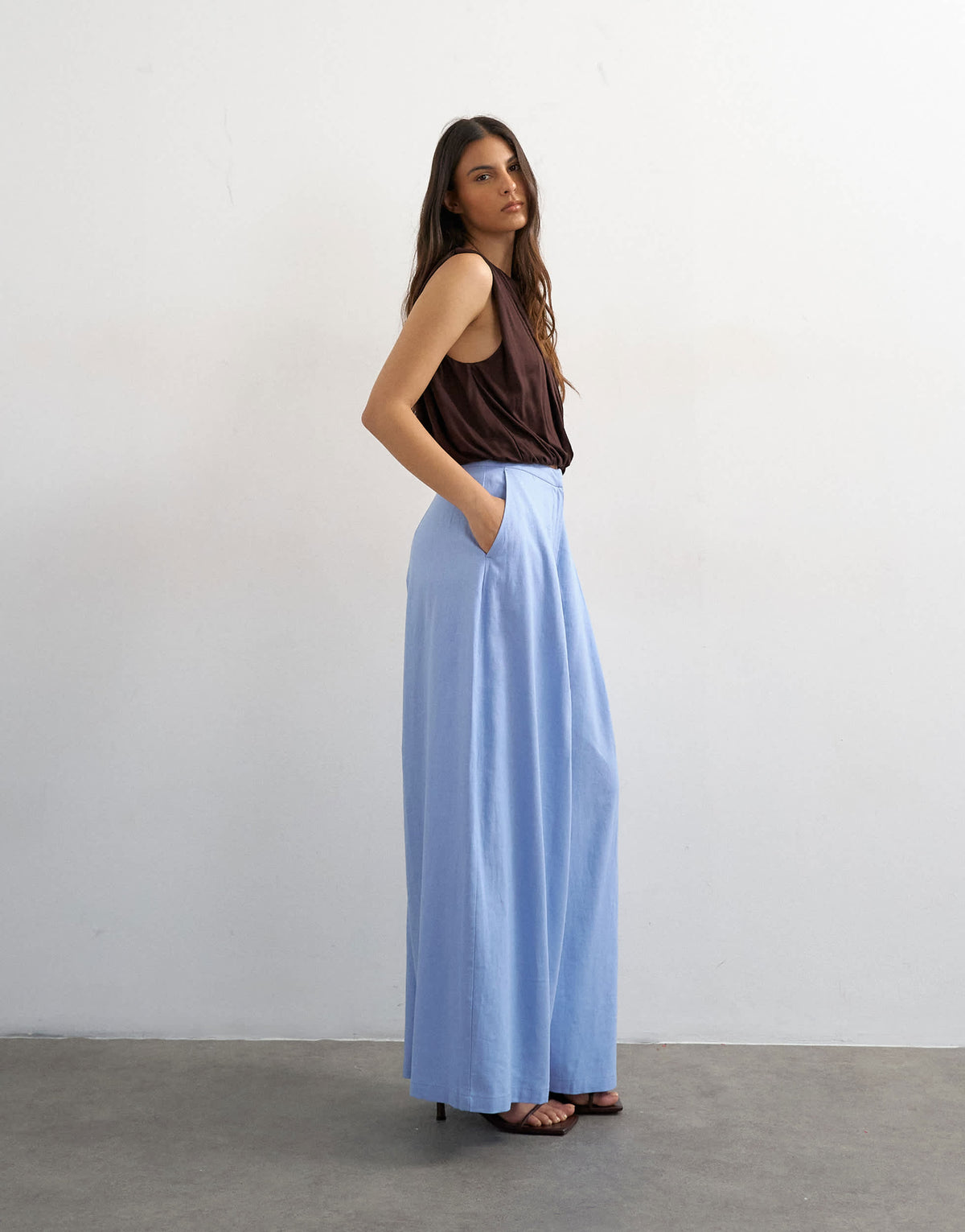 Topshop linen A line wide leg trouser in light blue