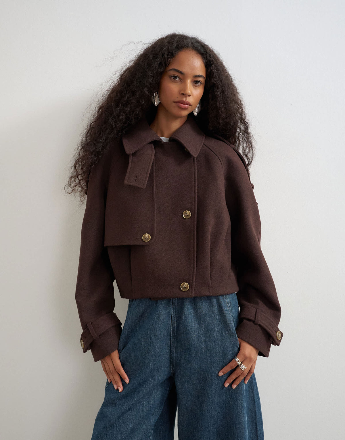 Topshop cropped wool blend trench in brown