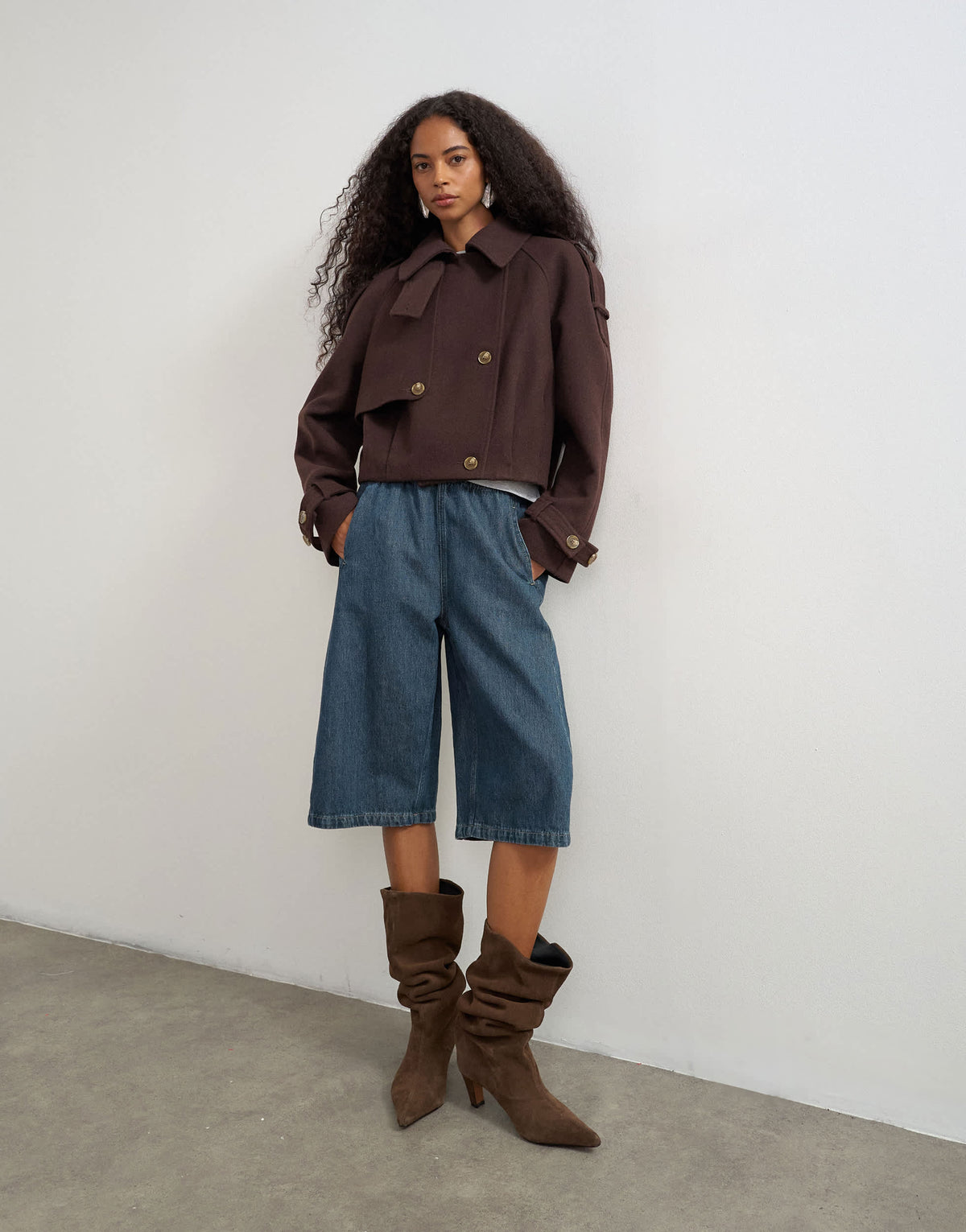 Topshop cropped wool blend trench in brown