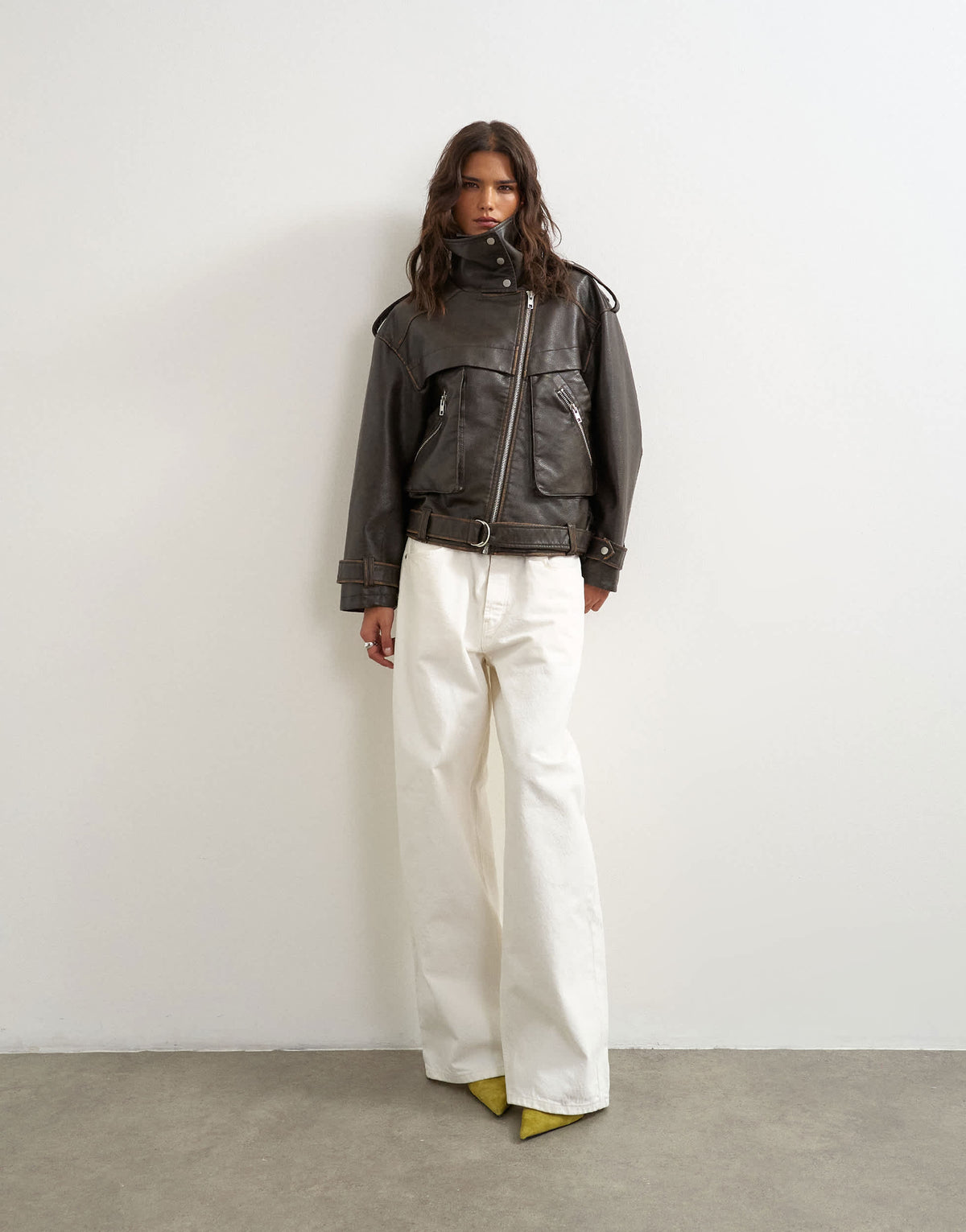 Topshop faux leather biker jacket in brown