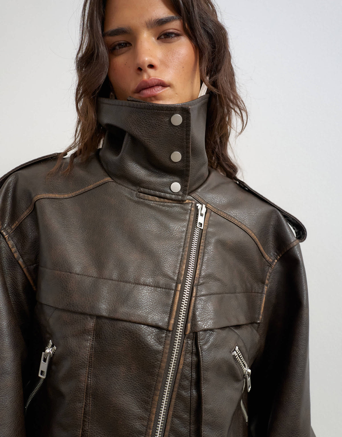 Topshop faux leather biker jacket in brown