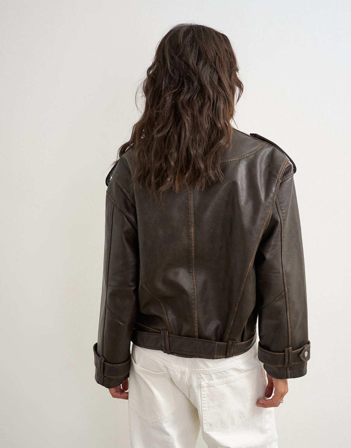 Topshop faux leather biker jacket in brown